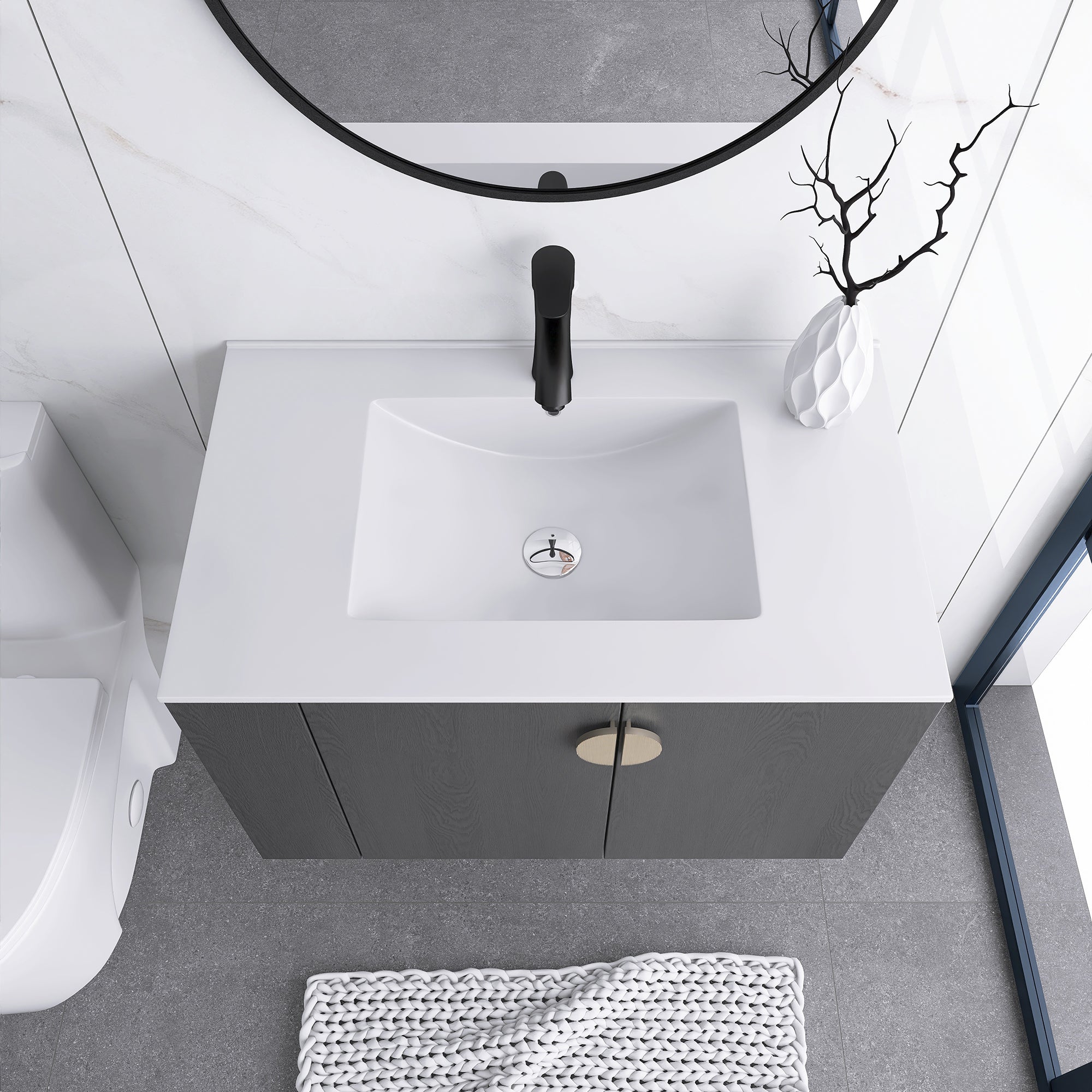 30 Inches Plywood Wall-Mounted Bathroom Vanity Set with Integrated Ceramic Sink