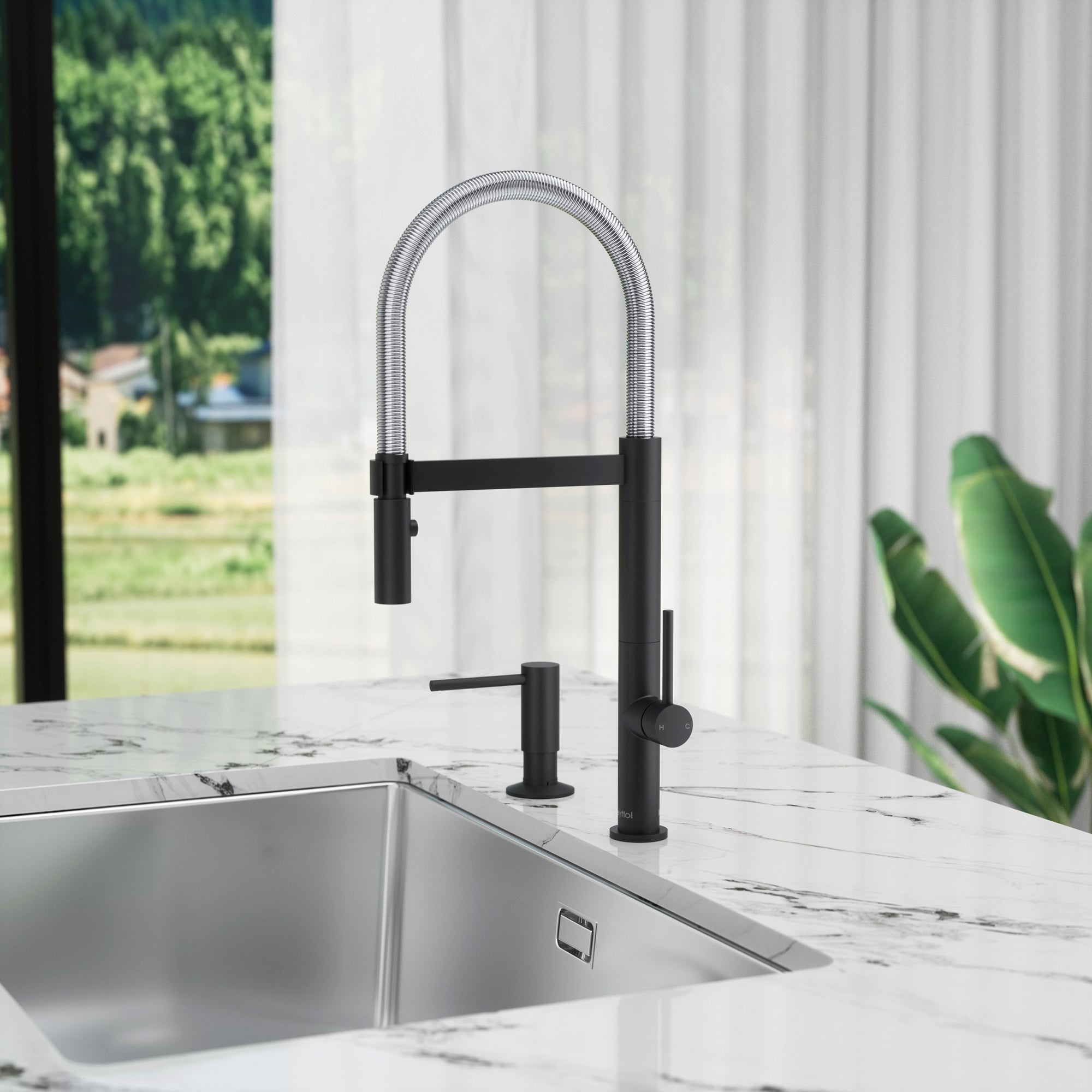 Single Handle Deck Mounted High Arc Brass Kitchen Faucet with Soap Dispenser