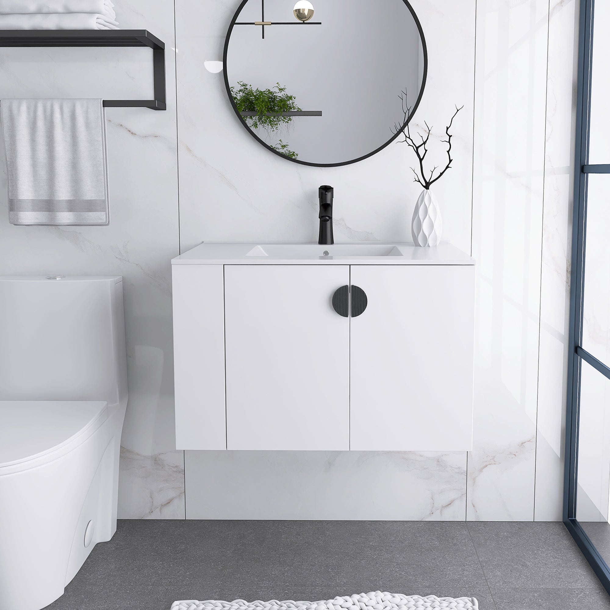 30 Inches Plywood Wall-Mounted Bathroom Vanity Set with Integrated Ceramic Sink
