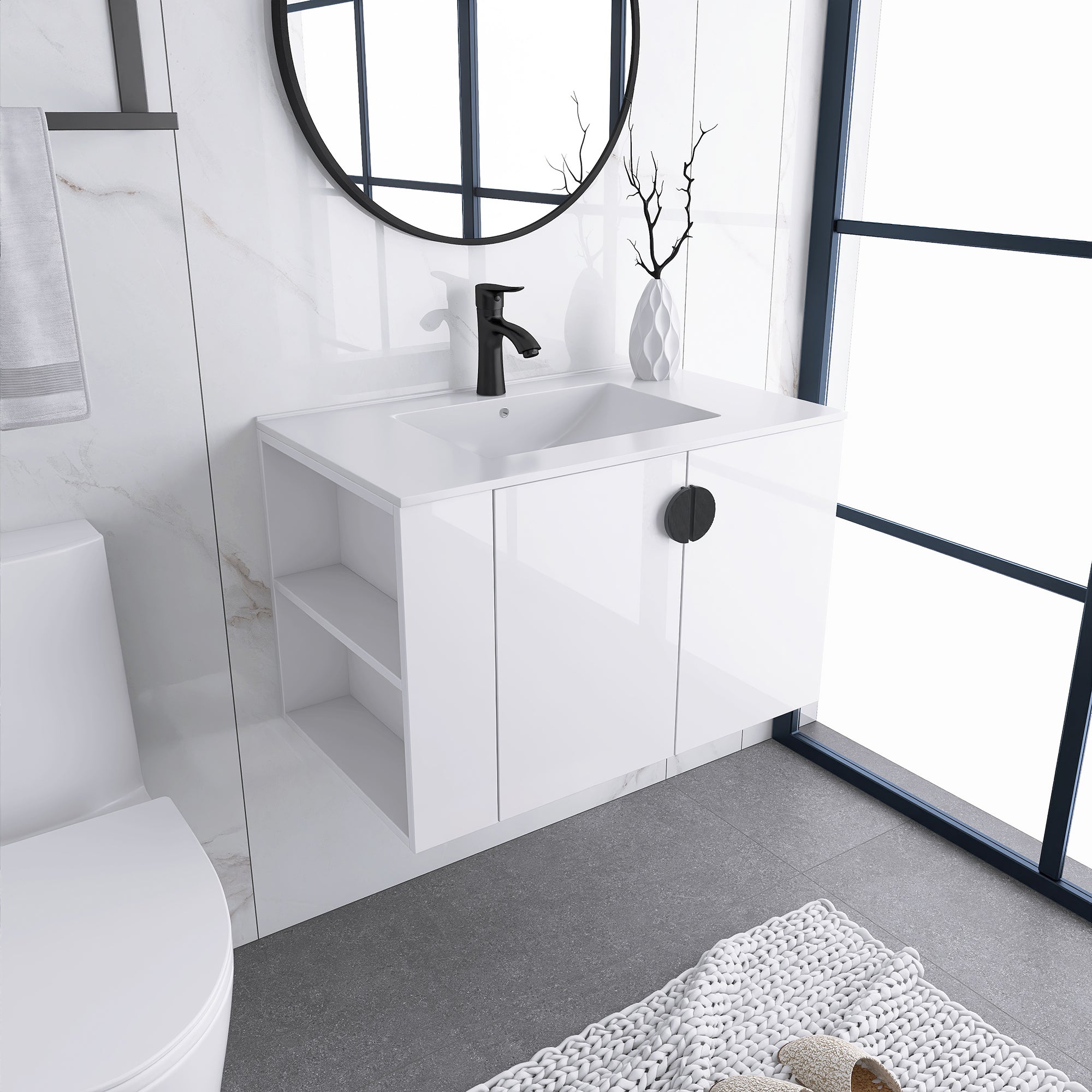30 Inches Plywood Wall-Mounted Bathroom Vanity Set with Integrated Ceramic Sink