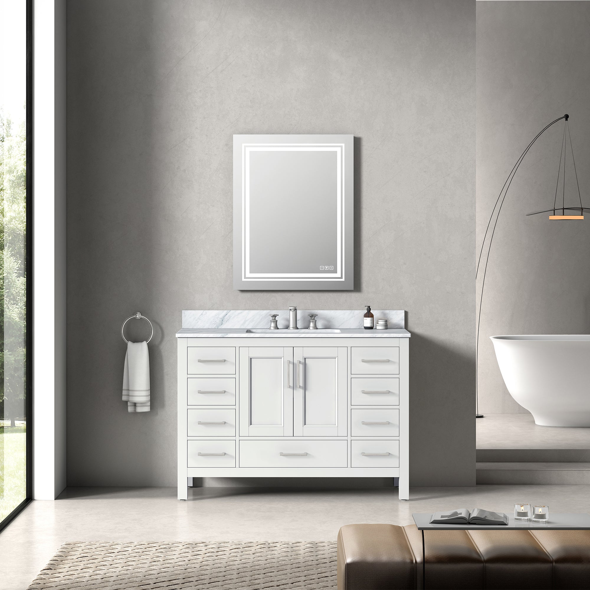 36" Plywood Freestanding Bathroom Vanity Set with Drawer and Doors and Natural Marble Top and Ceramic Sink