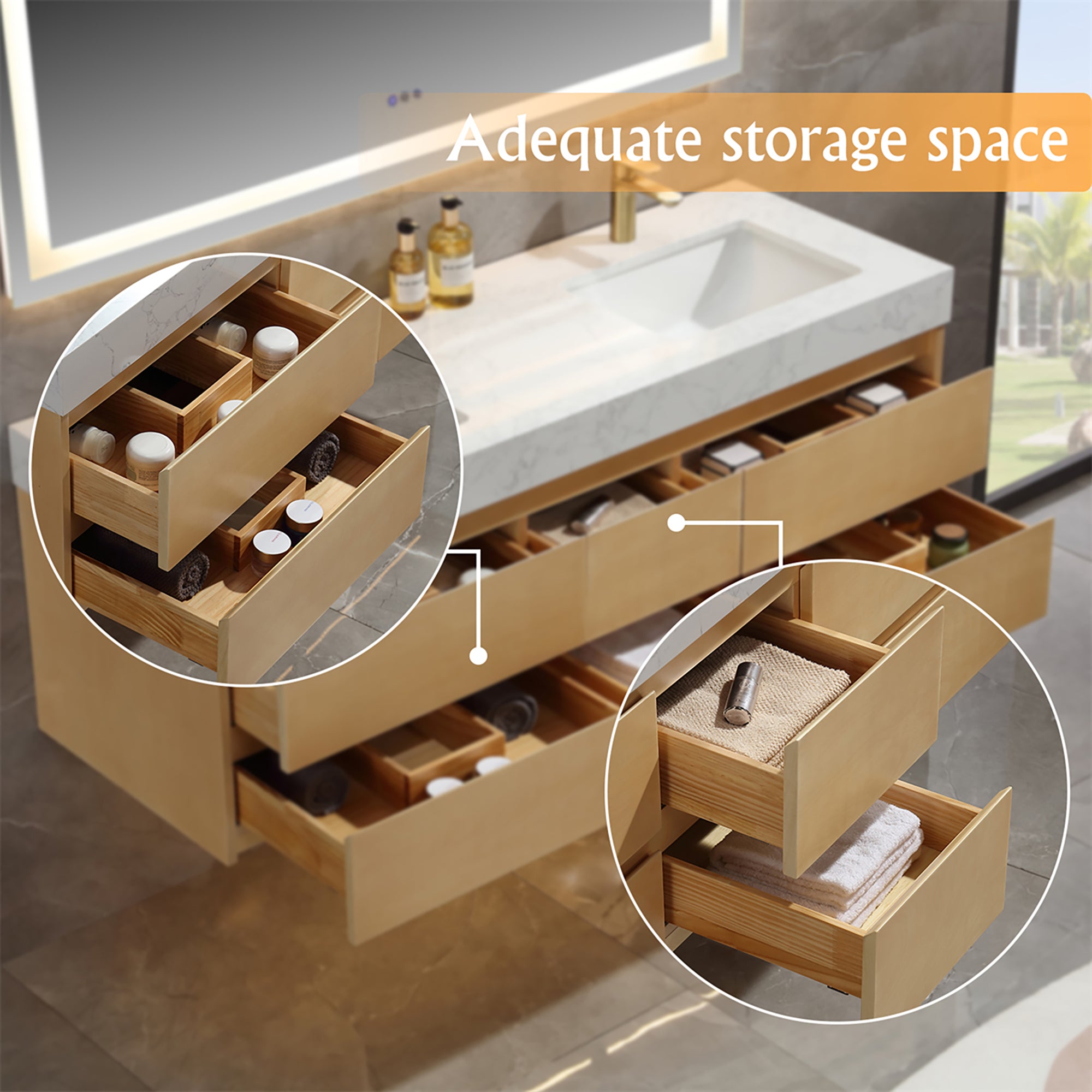 36 Inch Solid Wood Wall-Mounted Bathroom Vanity Set in Maple with Engineered Stone and Ceramic Sink