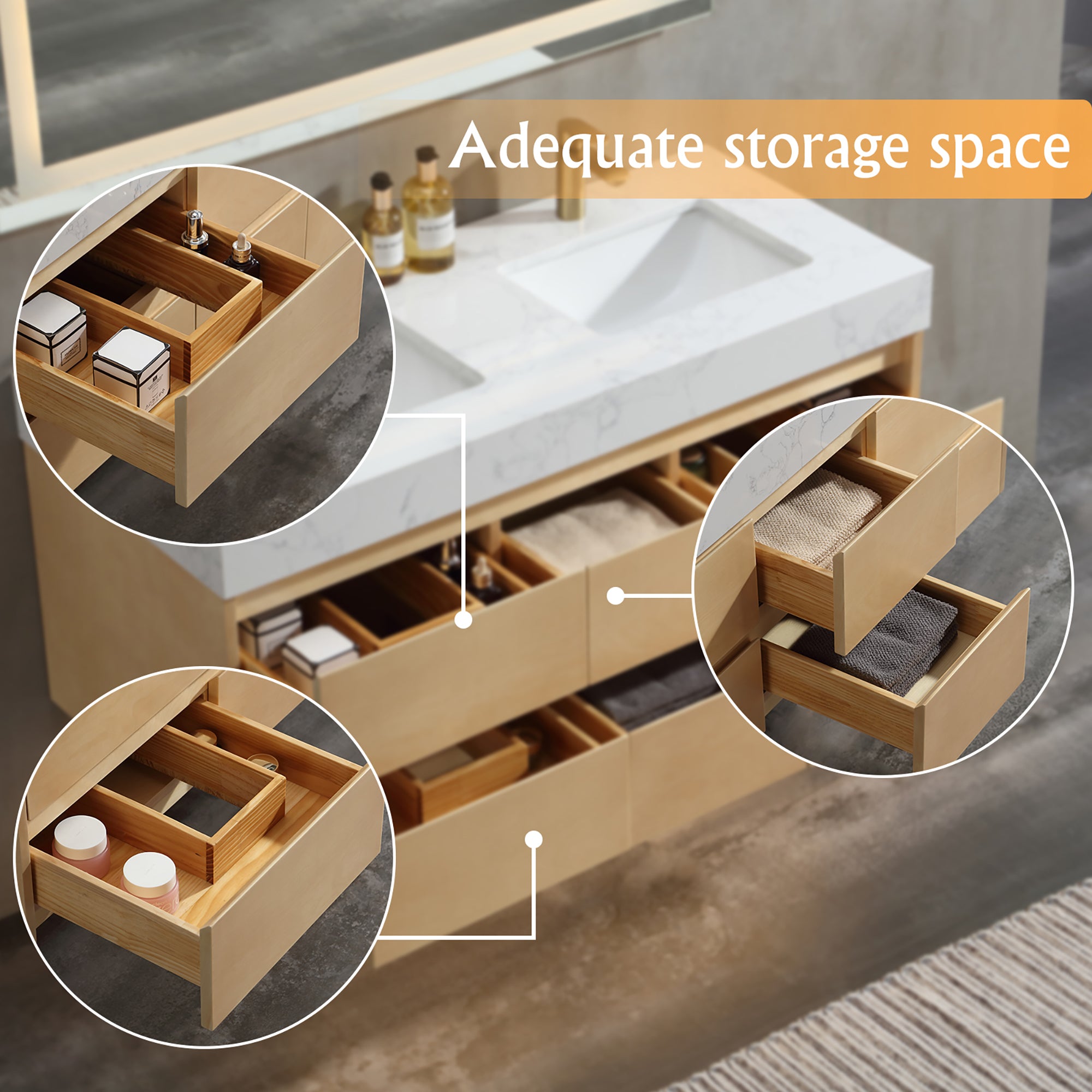 36 Inch Solid Wood Wall-Mounted Bathroom Vanity Set in Maple with Engineered Stone and Ceramic Sink