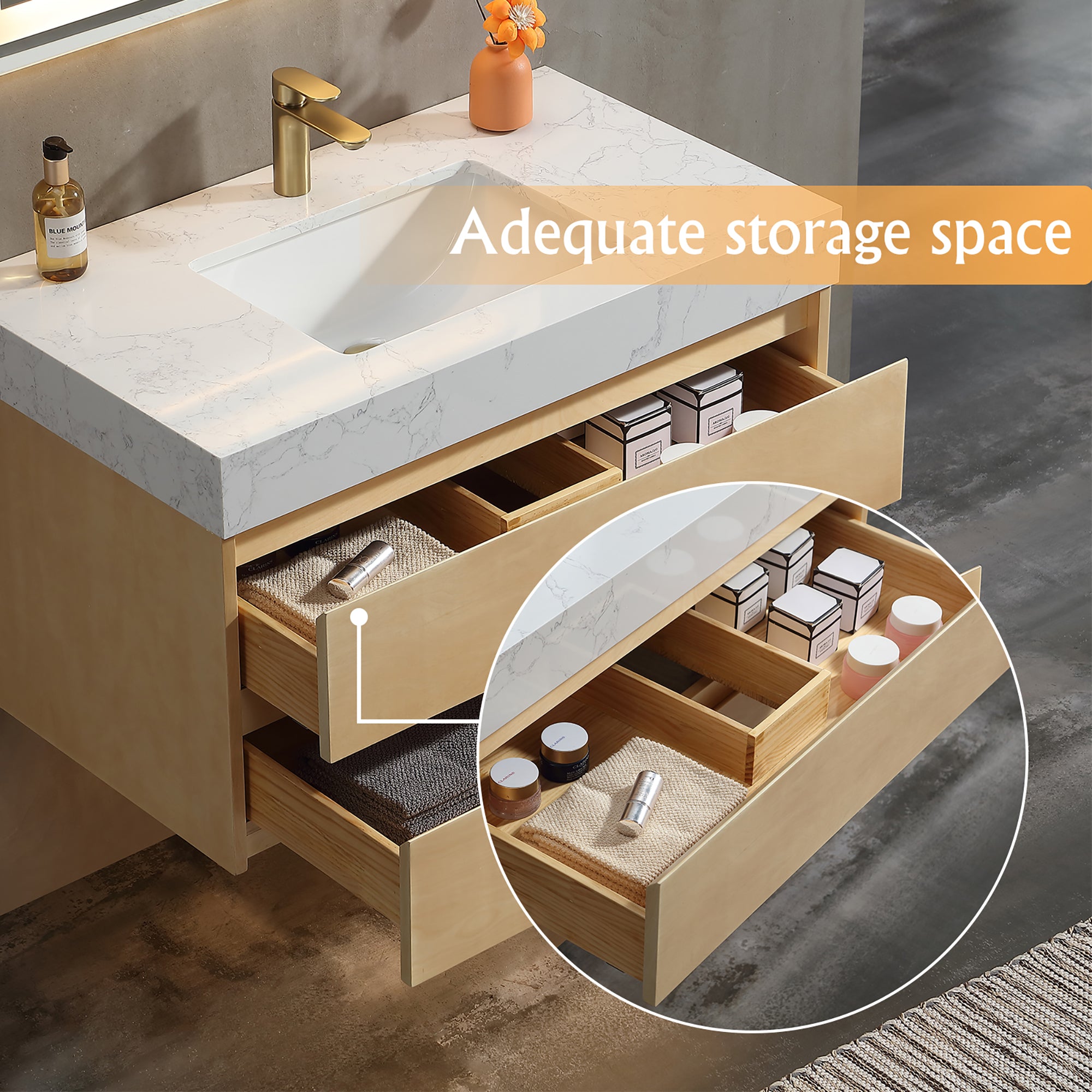 36 Inch Solid Wood Wall-Mounted Bathroom Vanity Set in Maple with Engineered Stone and Ceramic Sink