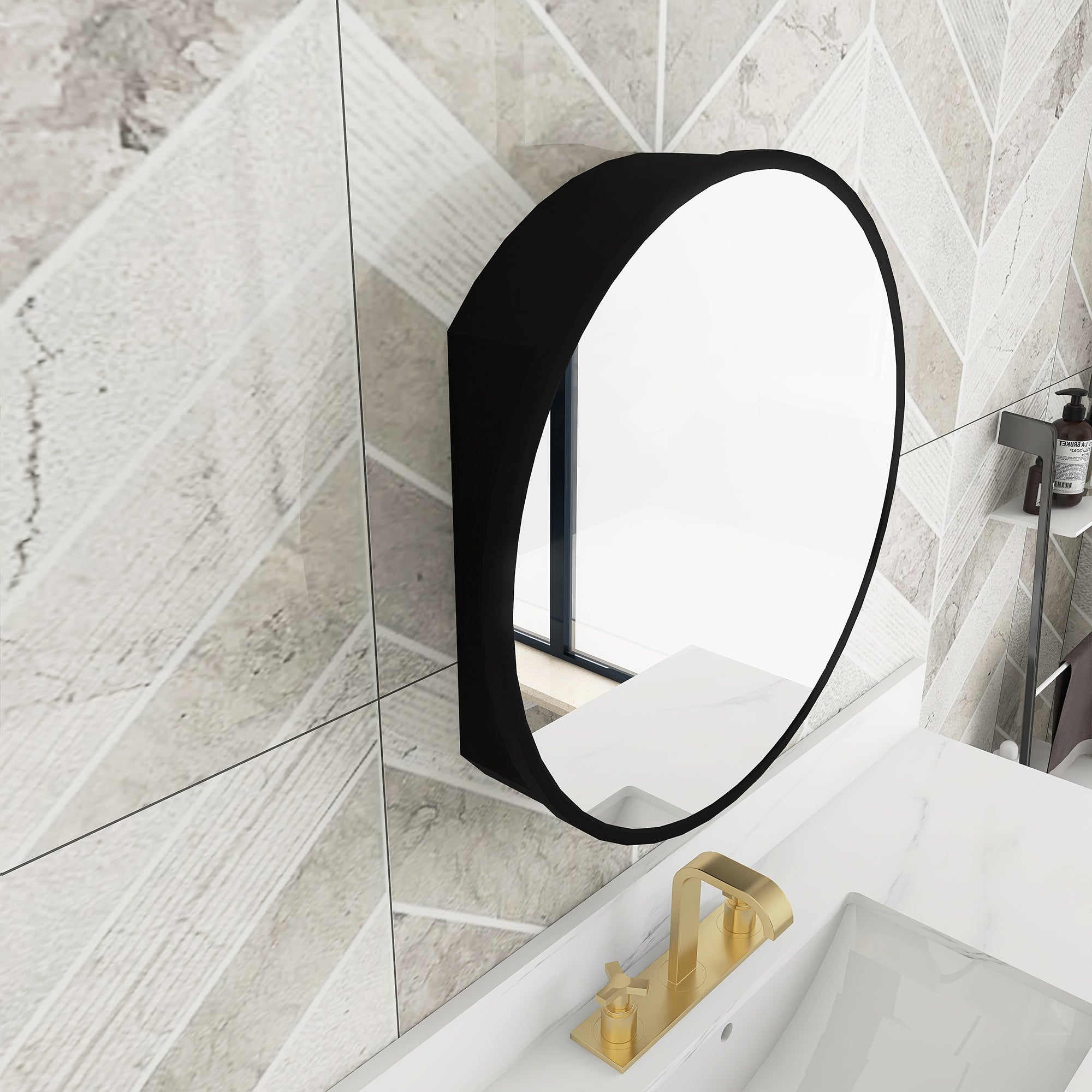 Staykiwi Medicine Cabinet Round 24 x 24 Inch, Wall Mount Bathroom Cabinet with Mirror, Circular Black Metal Framed Bath Storage Cabinet Surface Mounted
