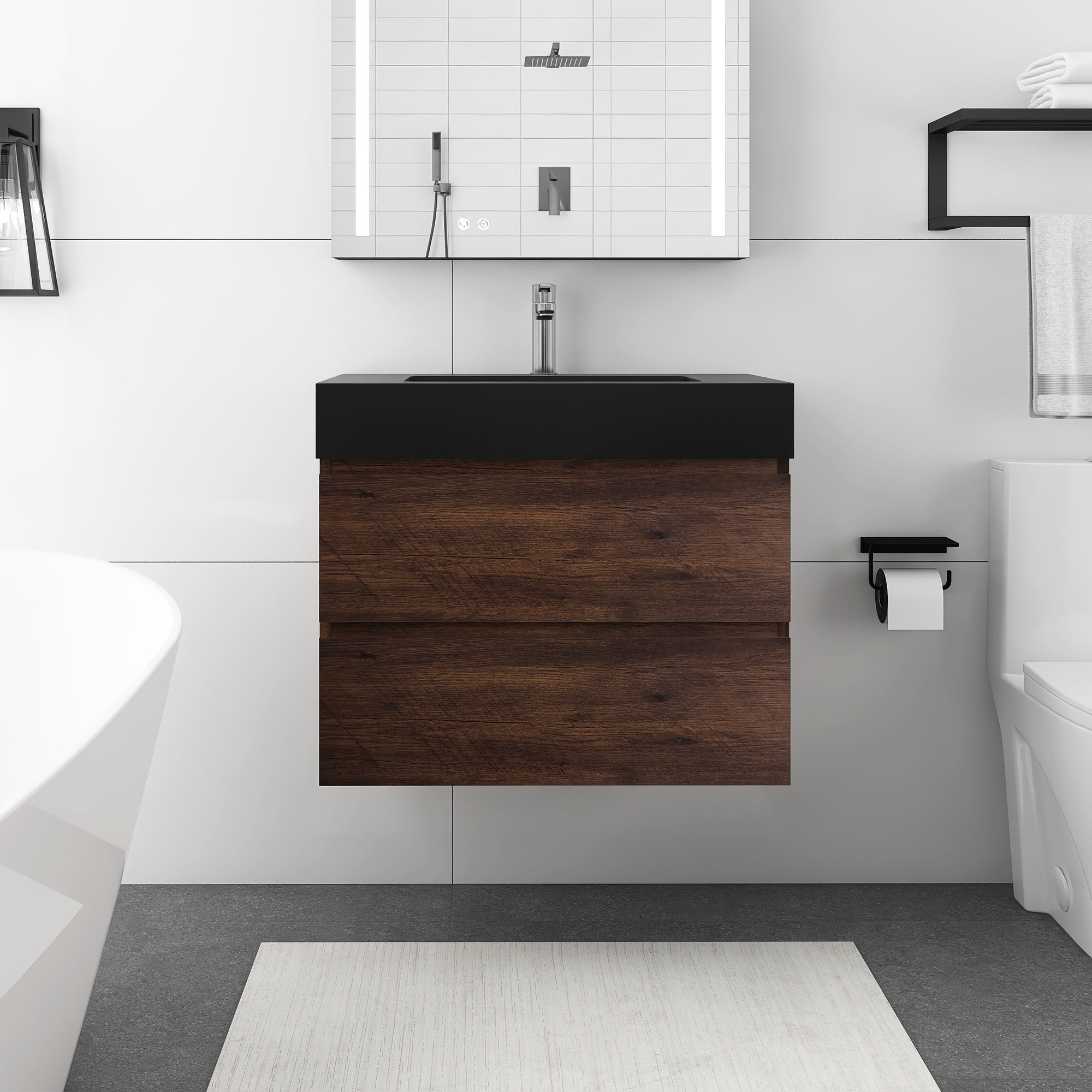 Staykiwi Wall-Mounted Bathroom Vanity Set with Black Integrated Solid Surface Sink