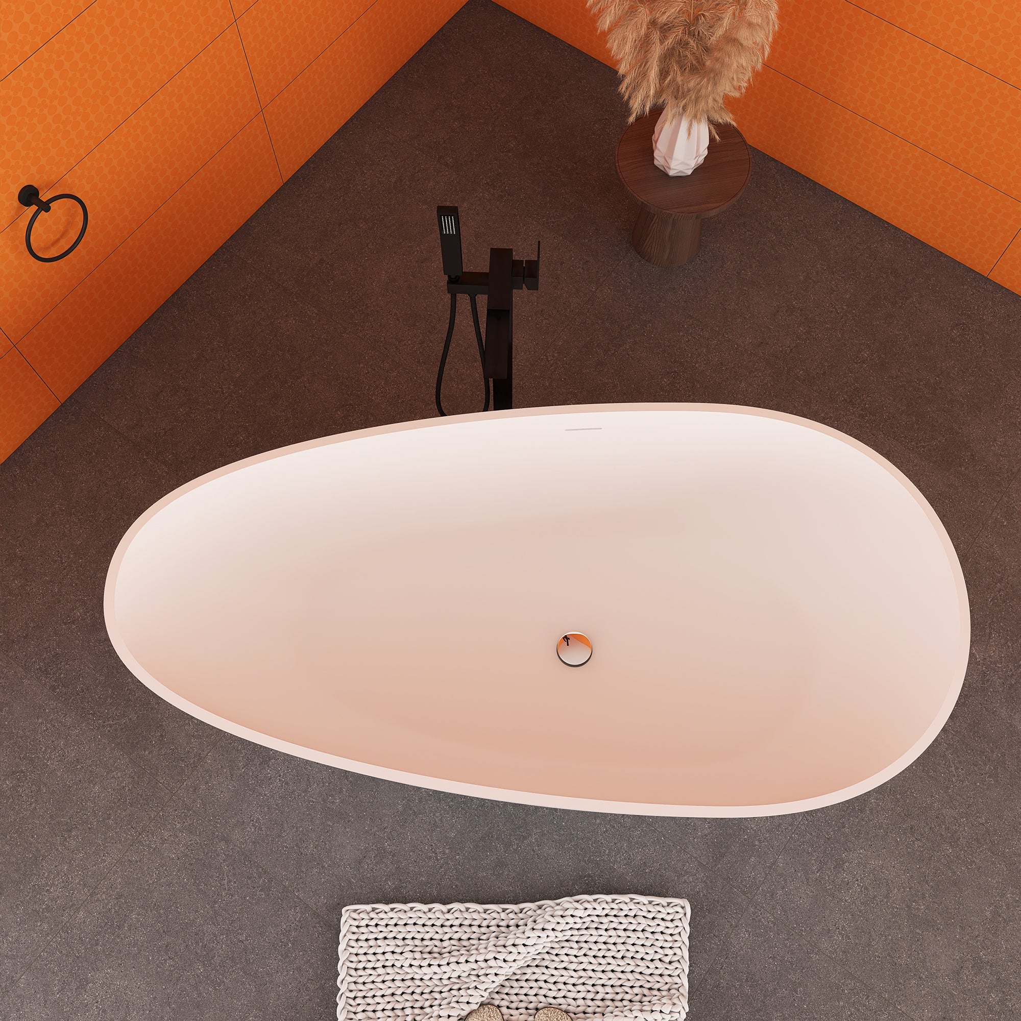 59"/ 67" Solid Surface Freestanding Soaking Bathtub in White with Drain