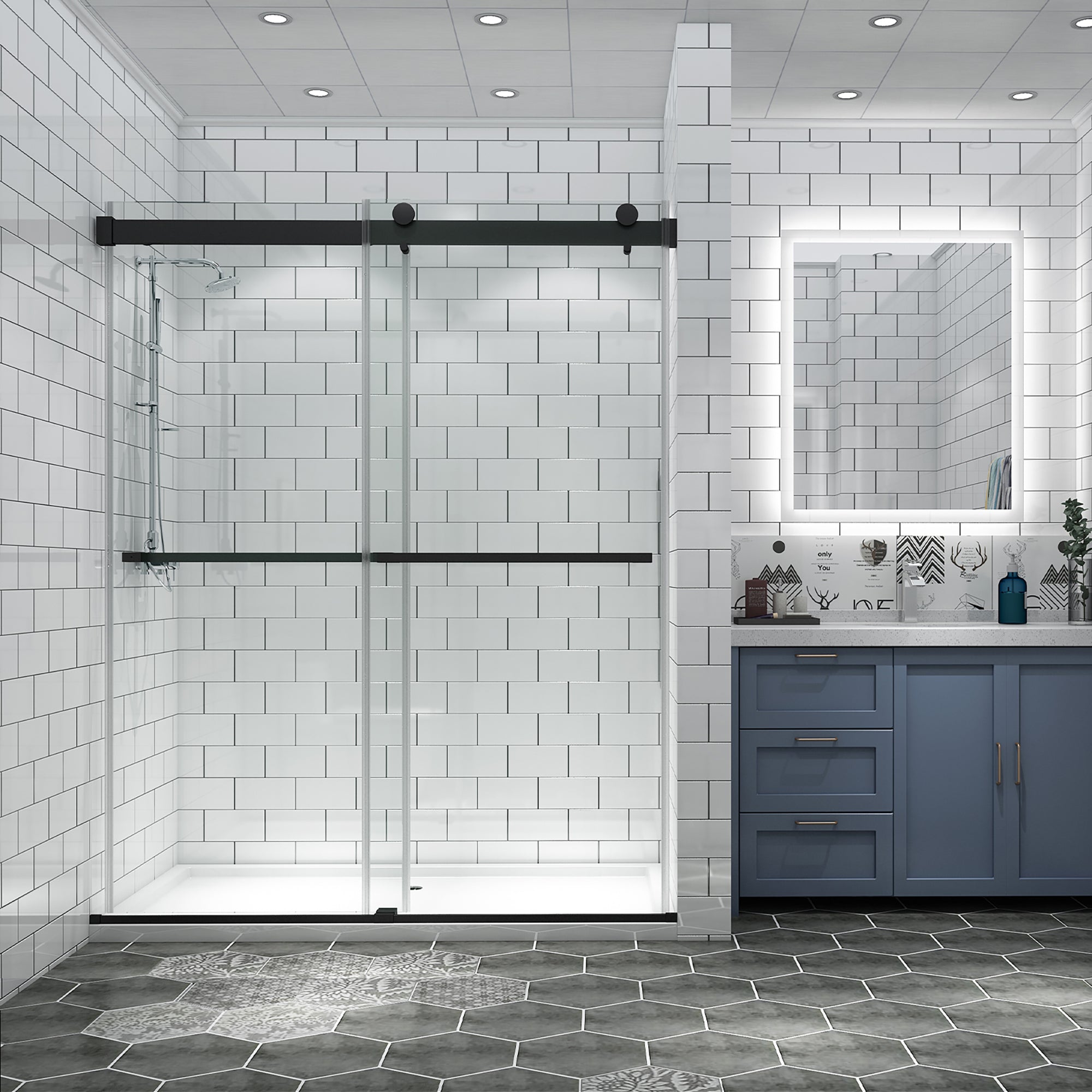 34 in. W X 72 in. H Semi-Frameless Pivot Shower Door in Matte Black with Clear Glass