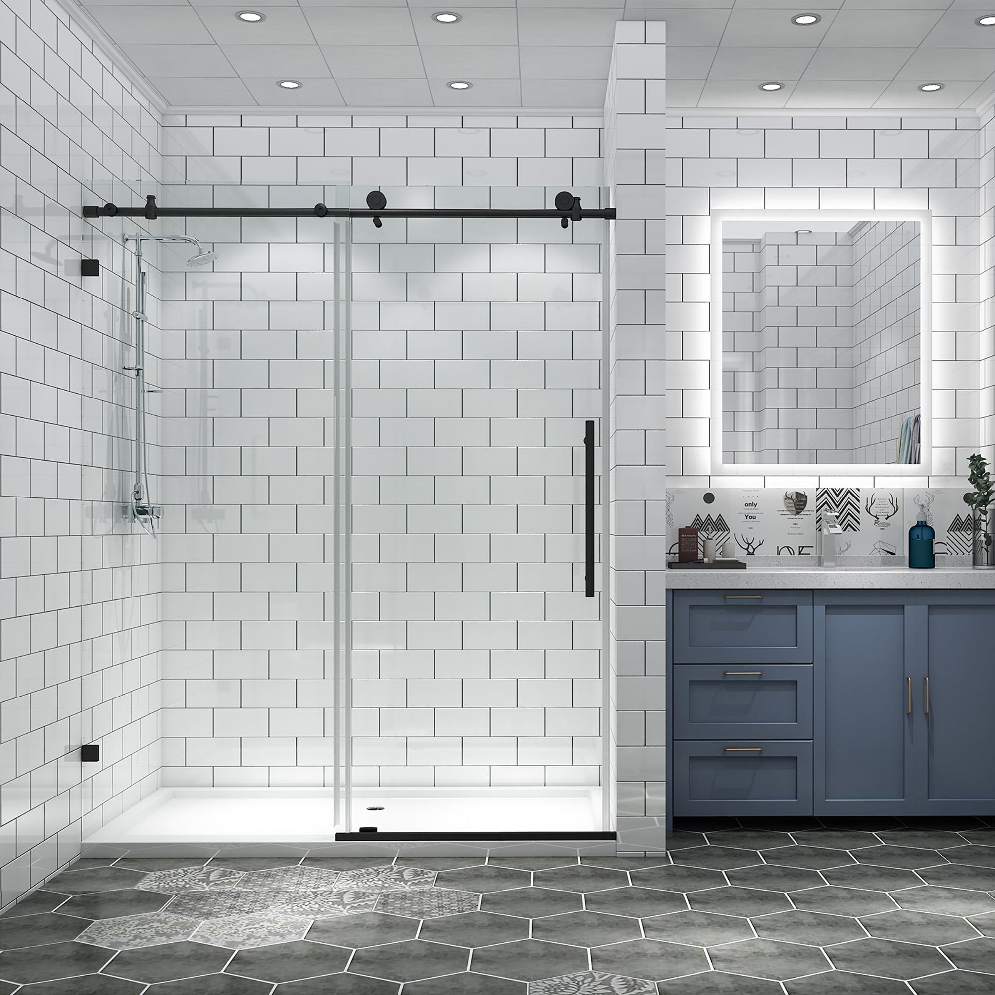 34 in. W X 72 in. H Semi-Frameless Pivot Shower Door in Matte Black with Clear Glass