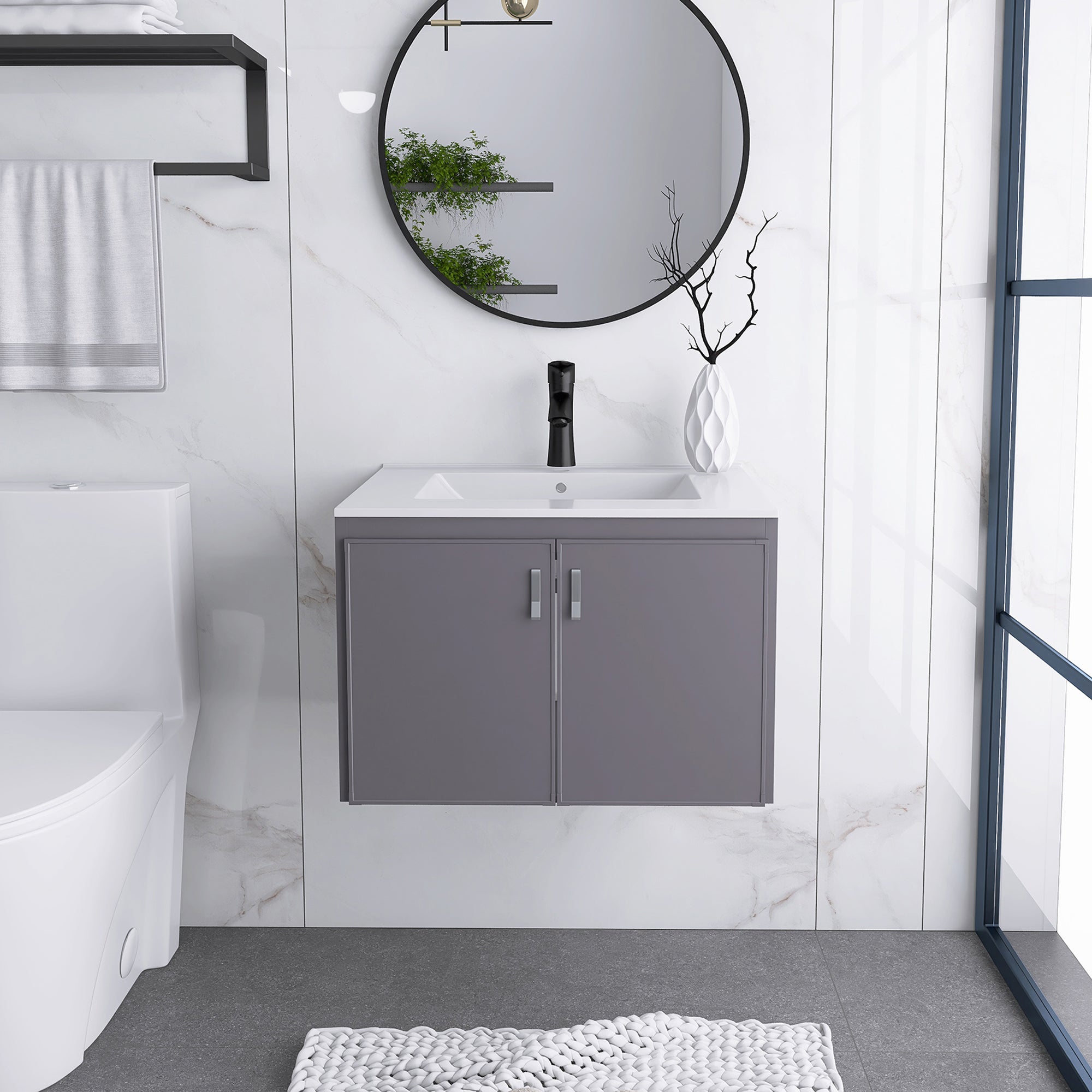 24 Inches Aluminium Wall-Mounted Bathroom Vanity Set with Integrated Ceramic Sink