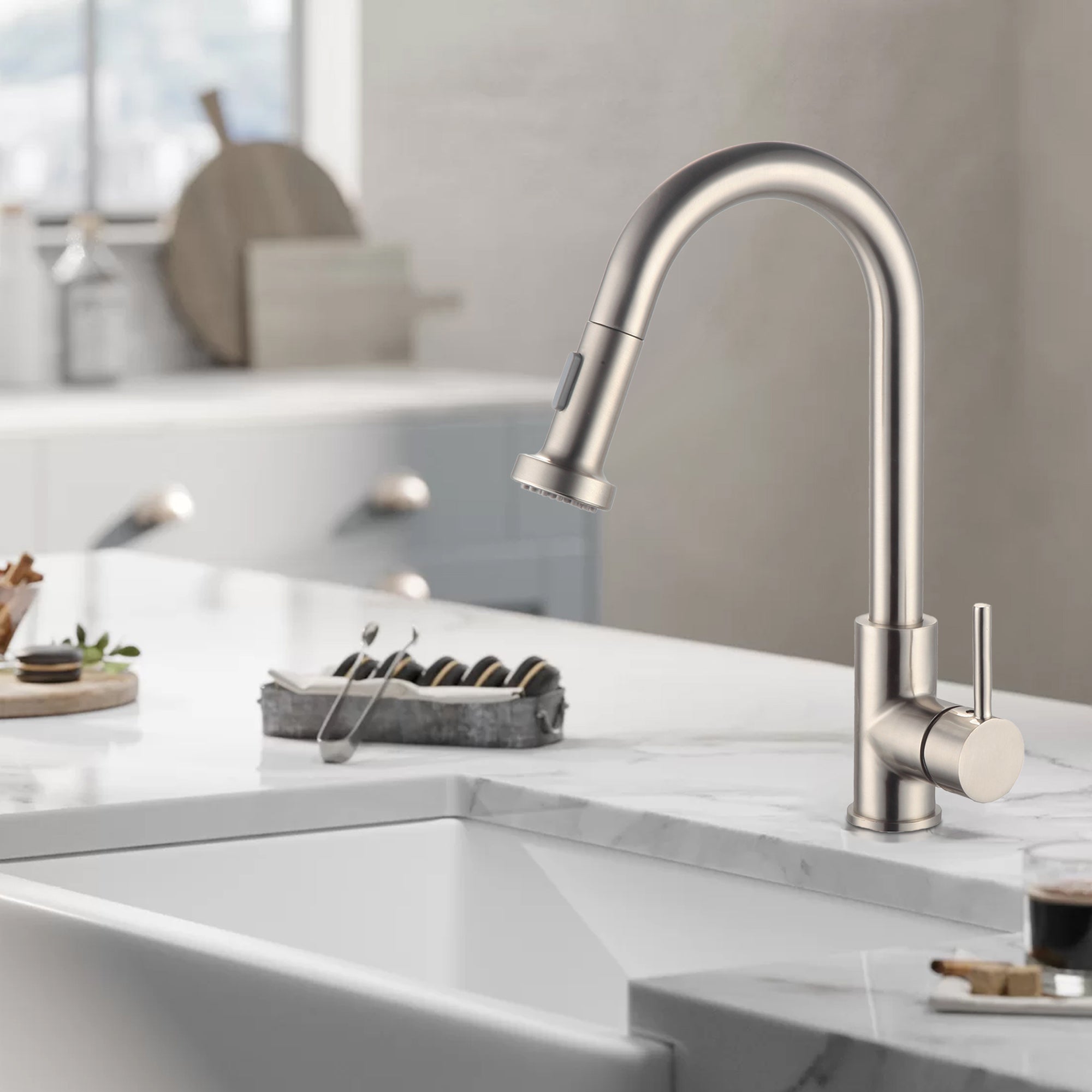 Single Handle Deck Mounted High Arc Pull Out Stainless Steel Kitchen Faucet