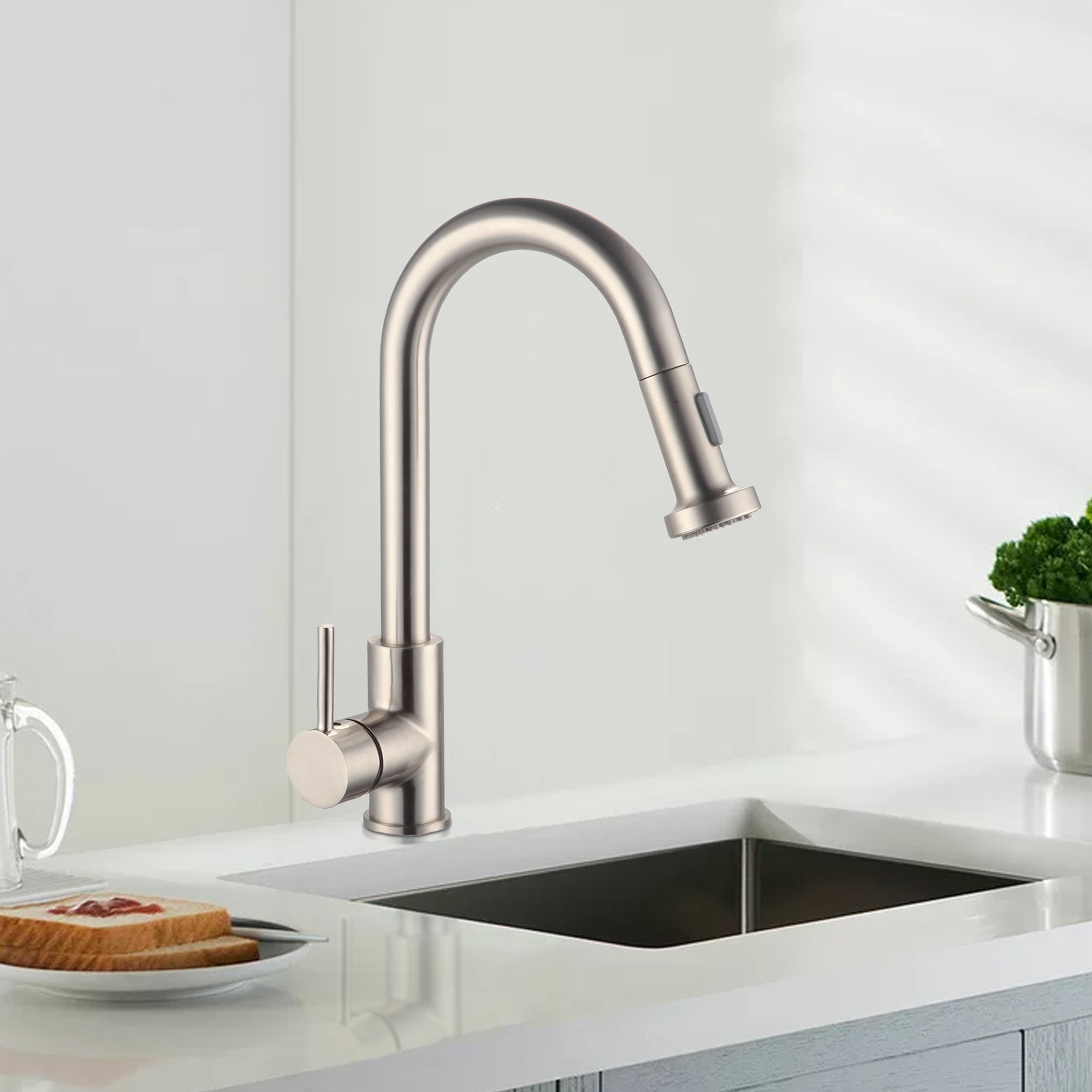 Single Handle Deck Mounted High Arc Pull Out Stainless Steel Kitchen Faucet