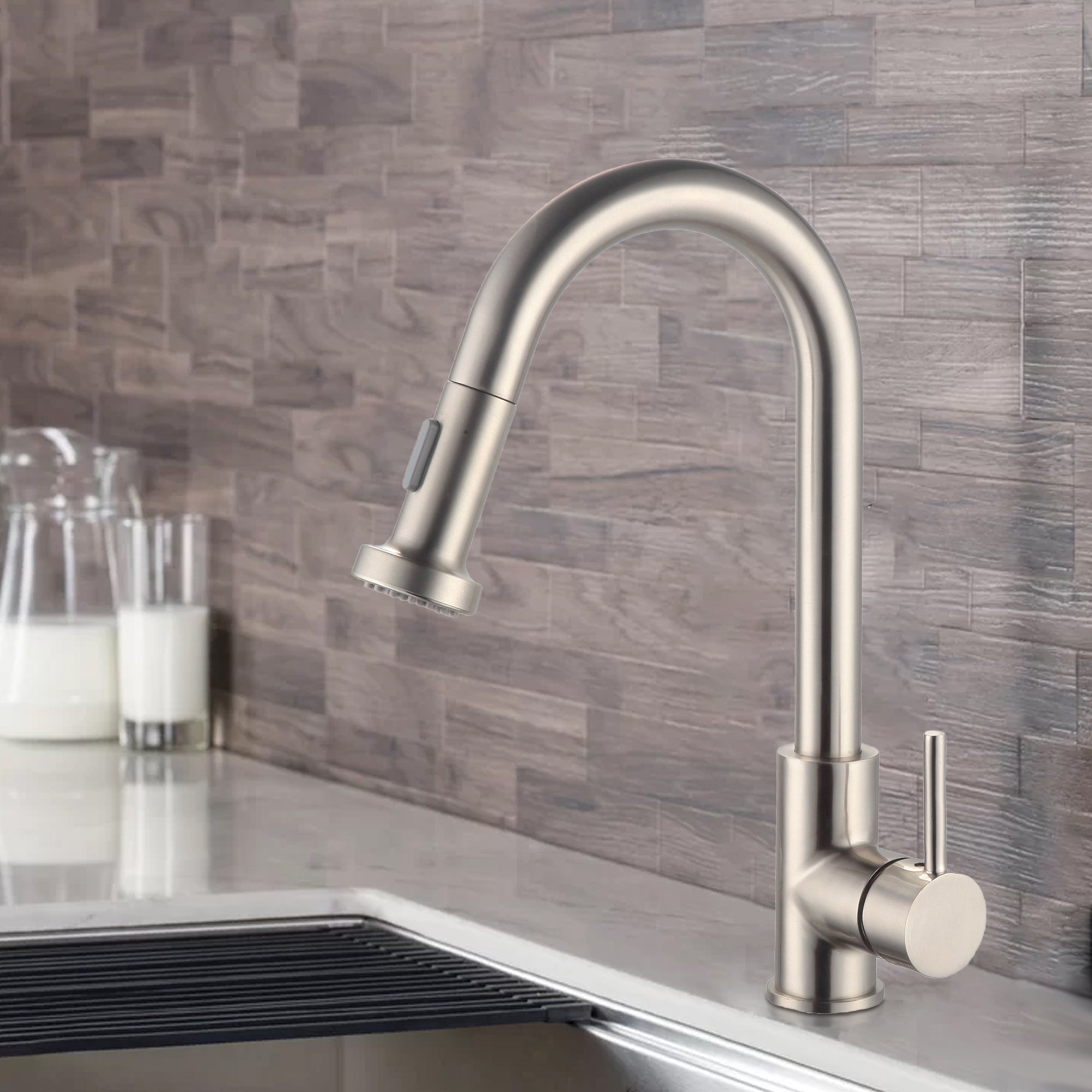 Single Handle Deck Mounted High Arc Pull Out Stainless Steel Kitchen Faucet