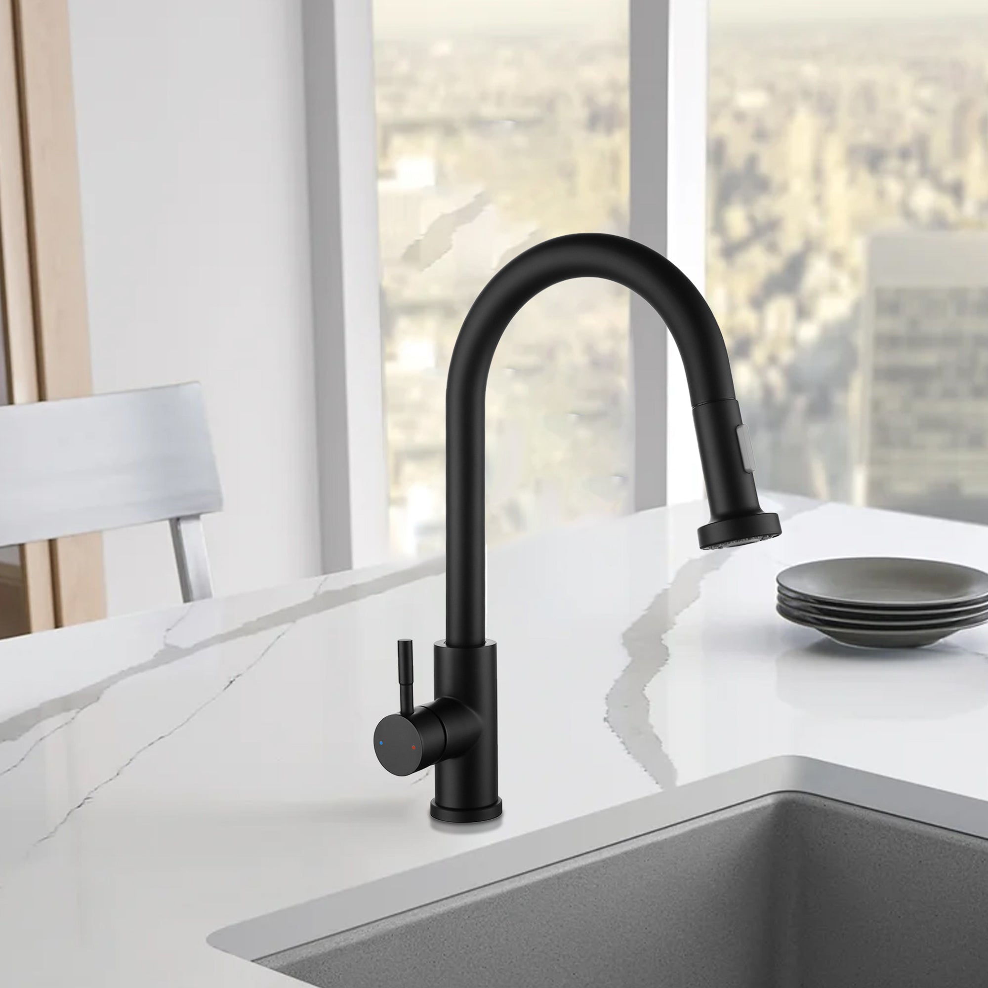 Single Handle Deck Mounted High Arc Pull Out Stainless Steel Kitchen Faucet