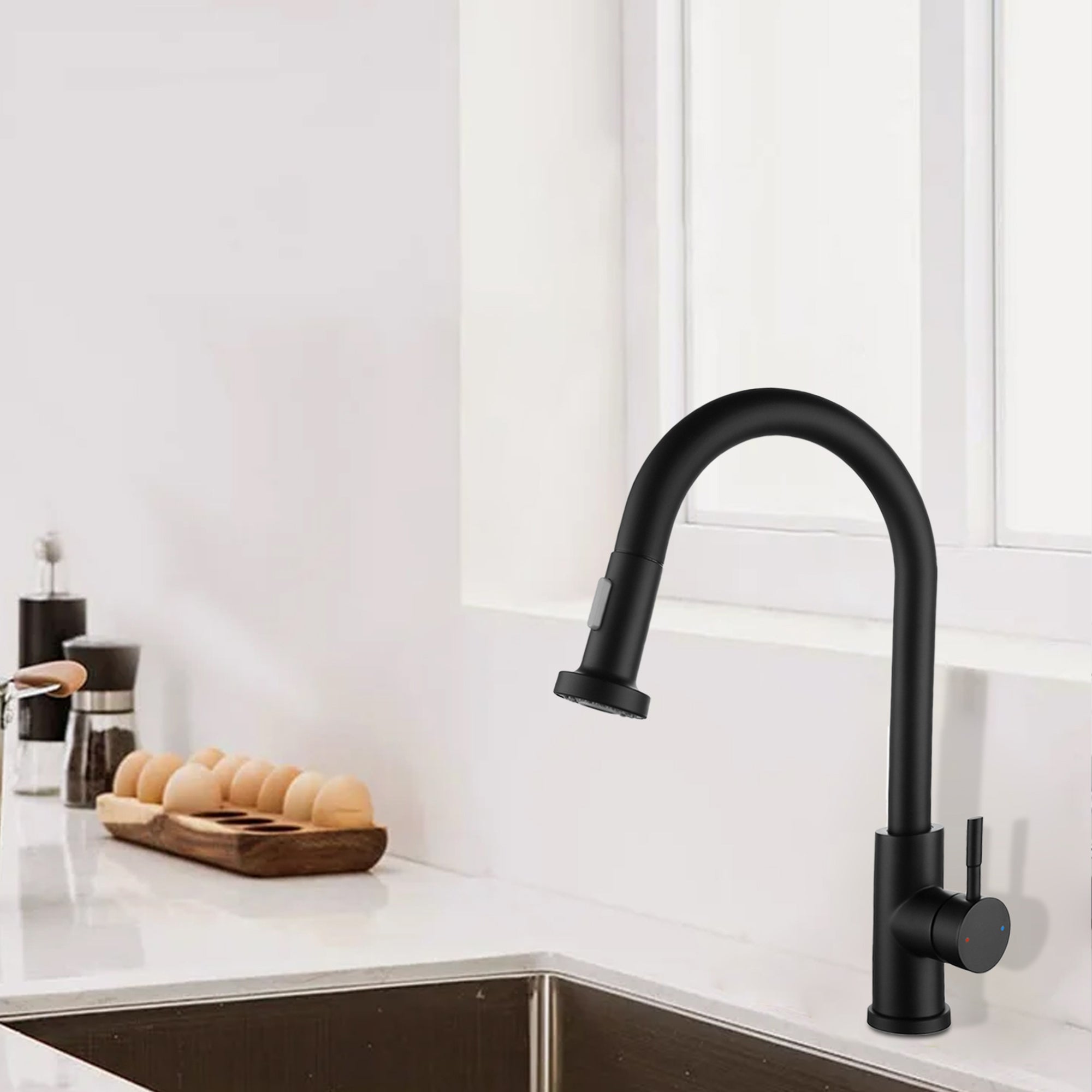 Single Handle Deck Mounted High Arc Pull Out Stainless Steel Kitchen Faucet