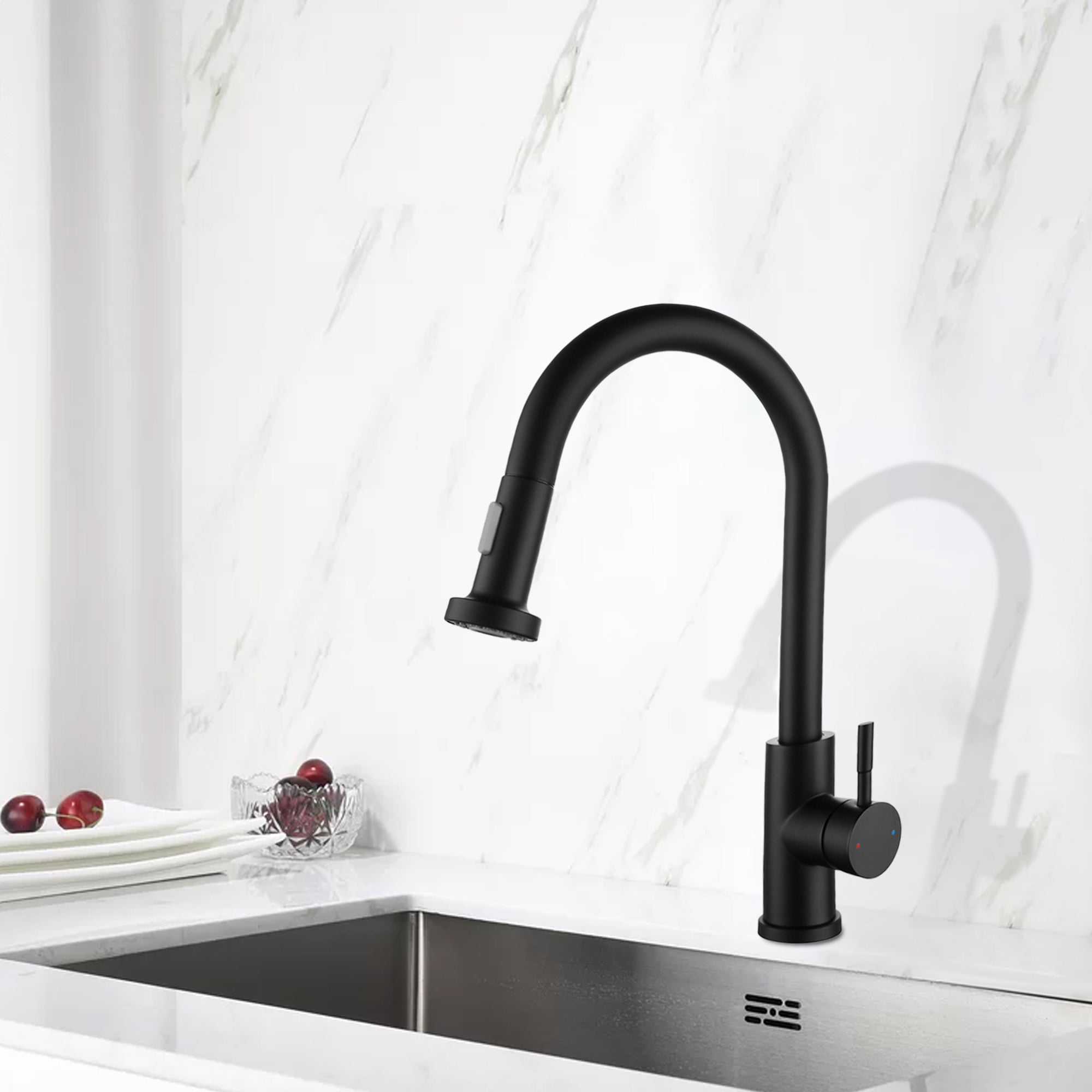 Single Handle Deck Mounted High Arc Pull Out Stainless Steel Kitchen Faucet