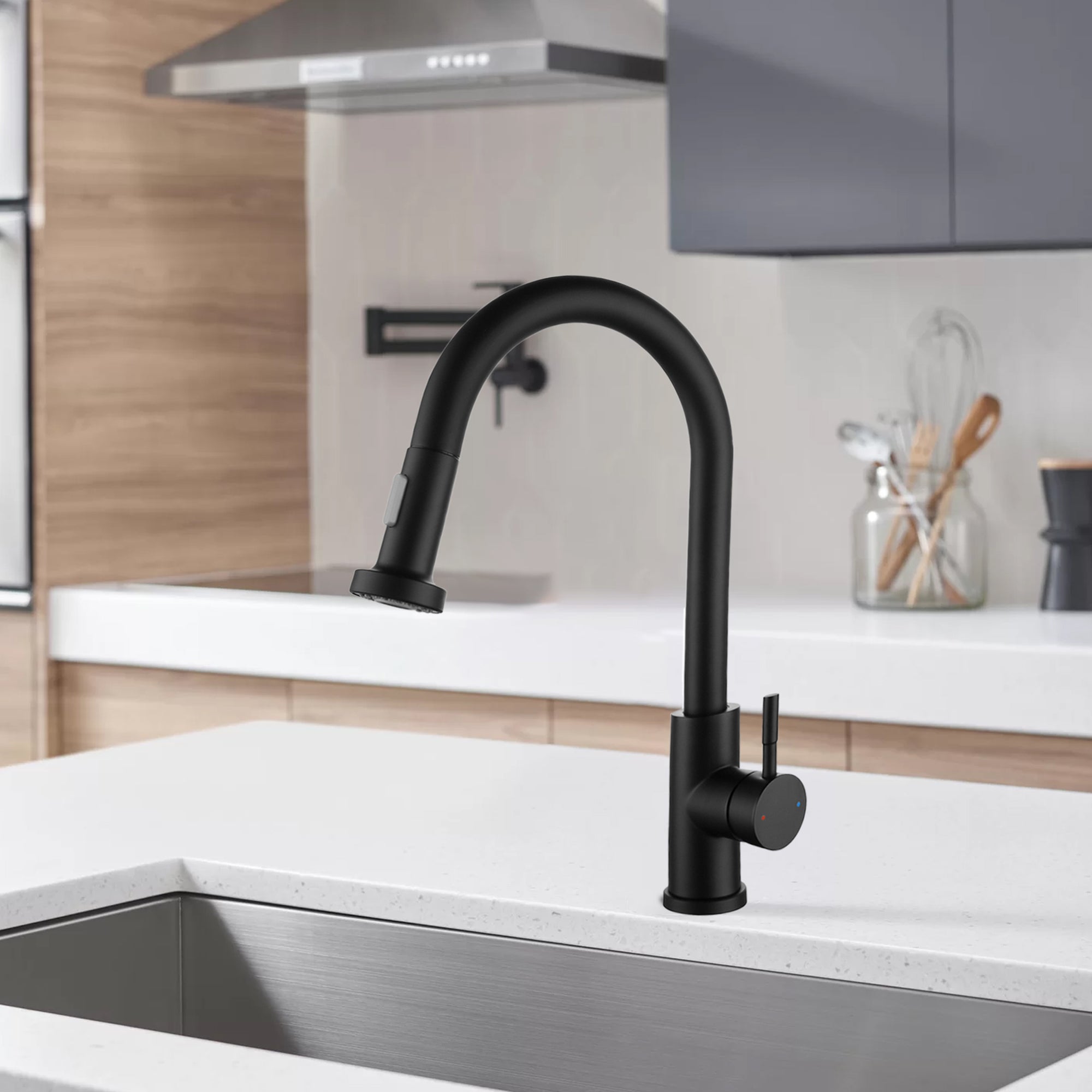 Single Handle Deck Mounted High Arc Pull Out Stainless Steel Kitchen Faucet