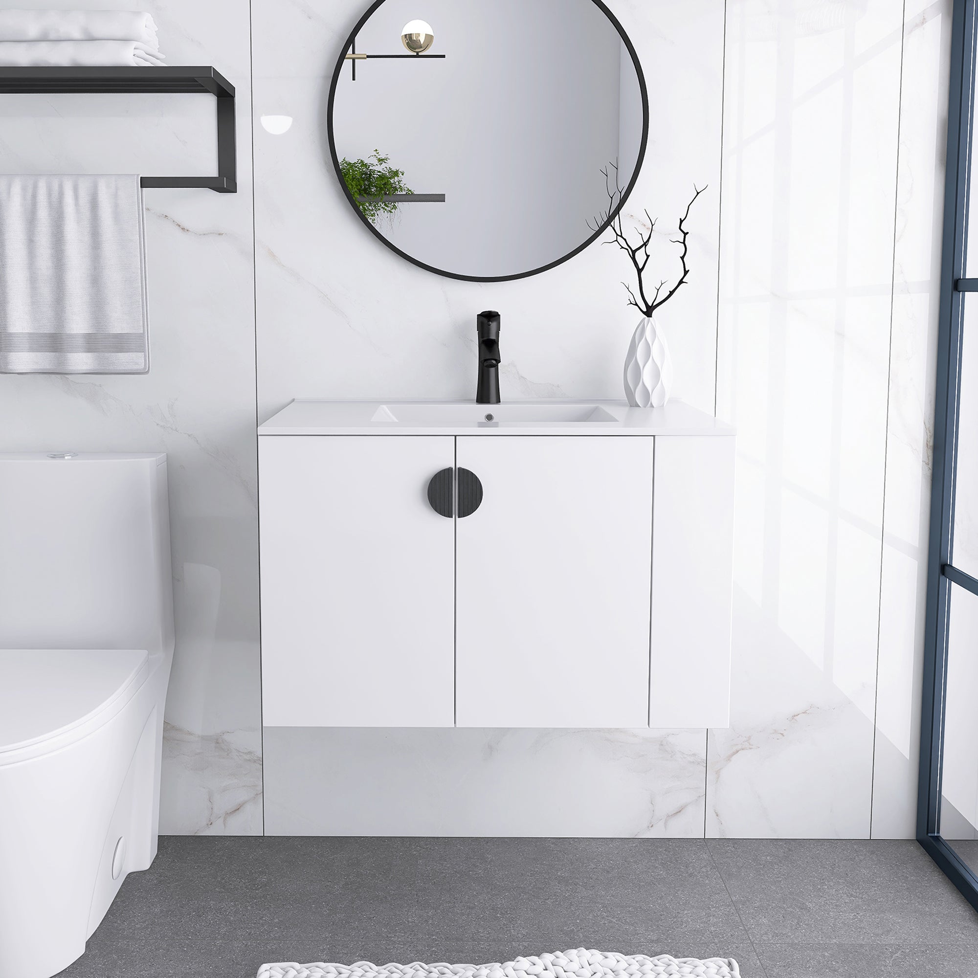30 Inches Plywood Wall-Mounted Bathroom Vanity Set with Integrated Ceramic Sink