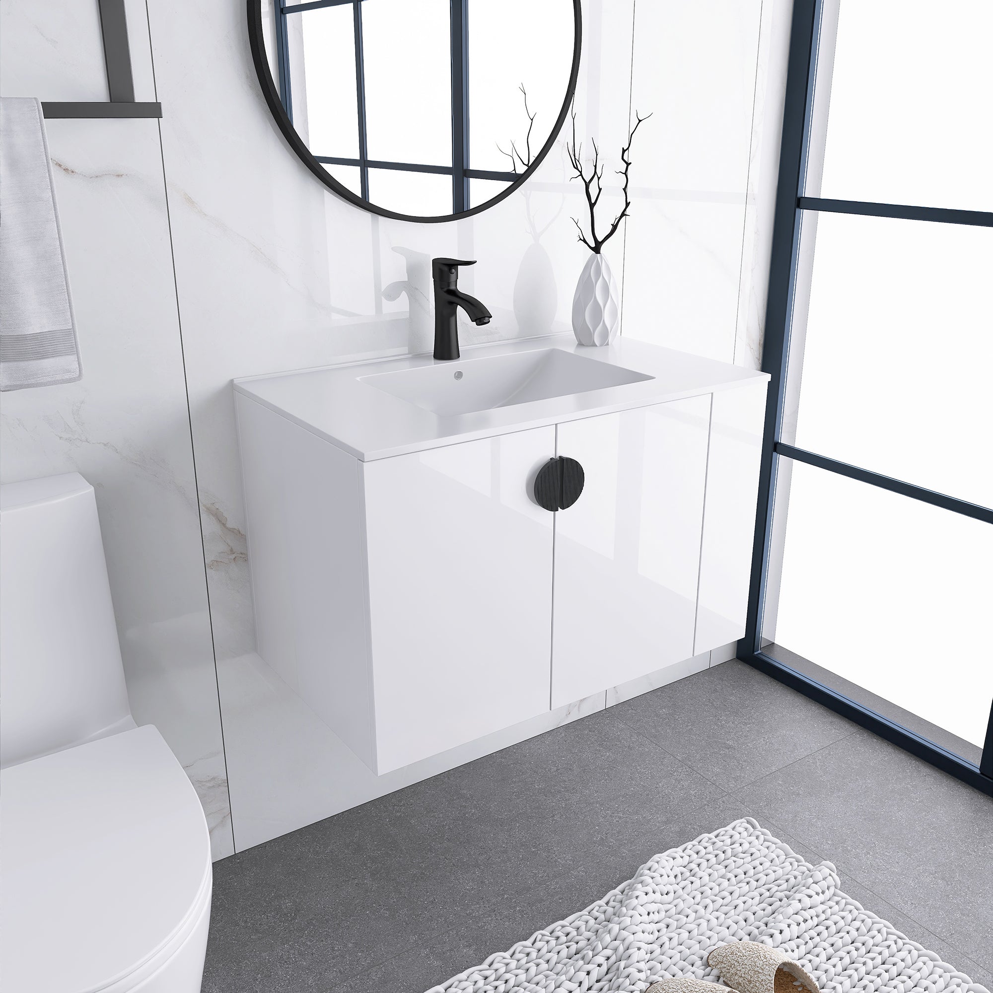 30 Inches Plywood Wall-Mounted Bathroom Vanity Set with Integrated Ceramic Sink