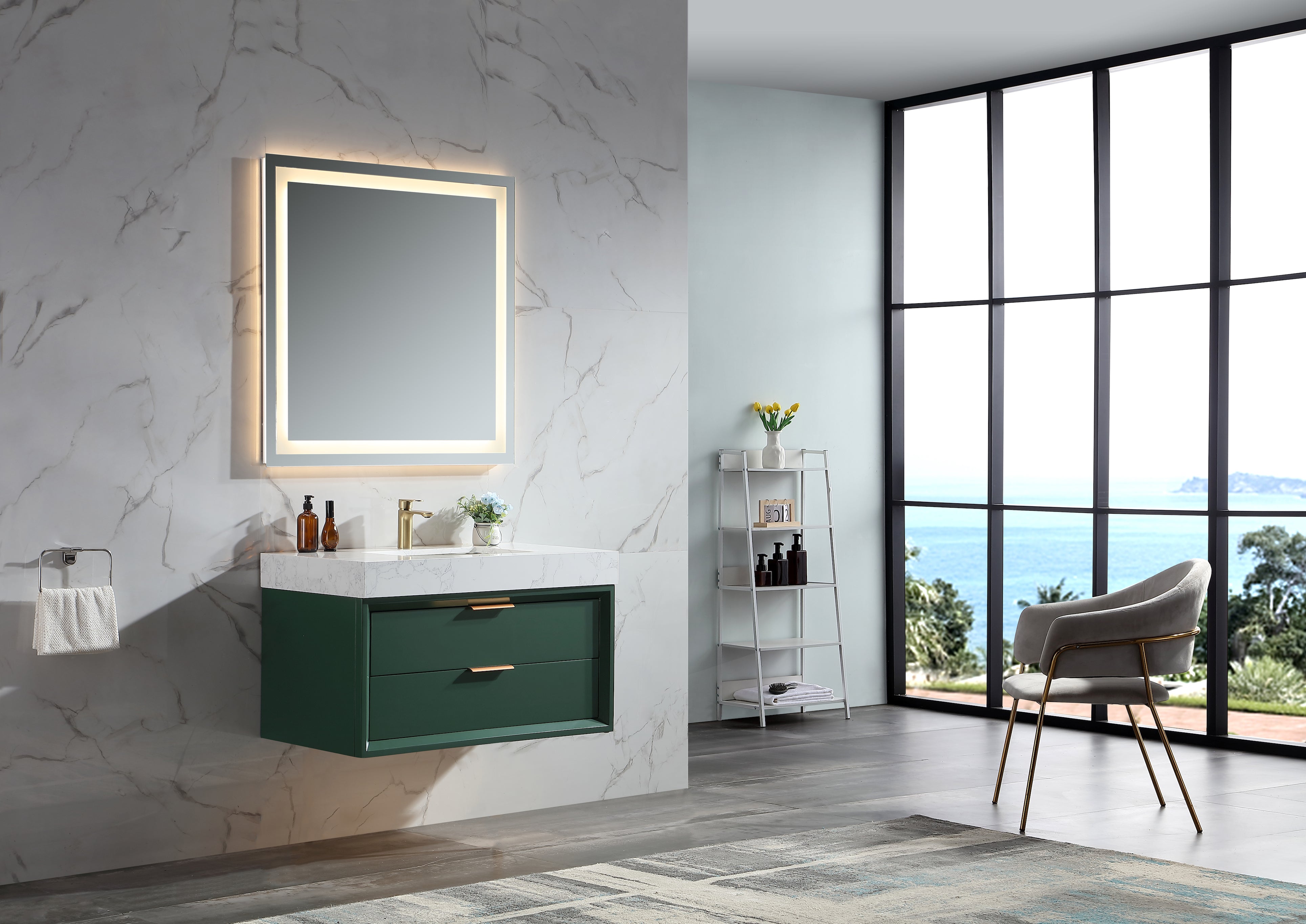 36 Inch Solid Wood Frame Wall-Mounted Bathroom Vanity Set with Ceramic Basin