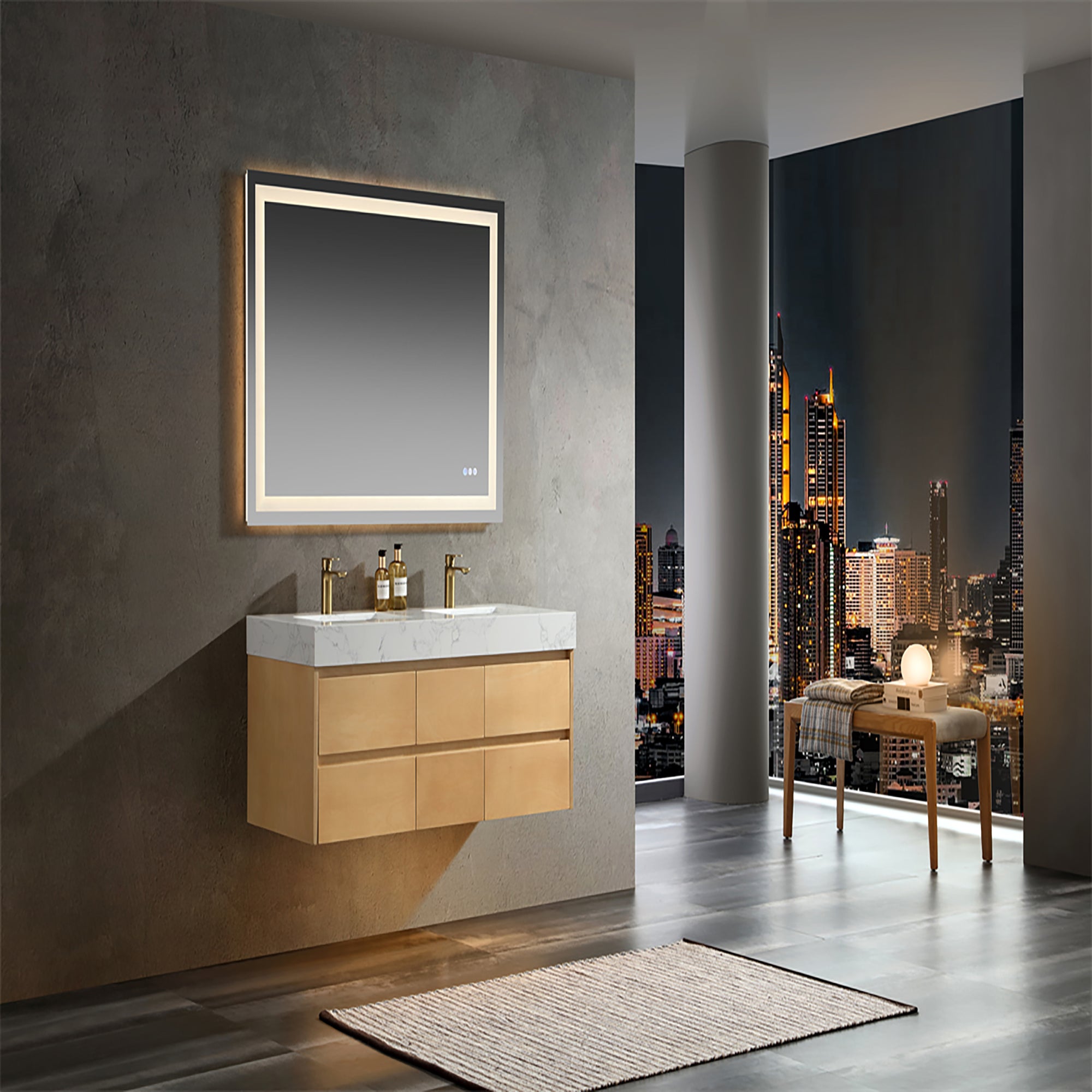 36 Inch Solid Wood Wall-Mounted Bathroom Vanity Set in Maple with Engineered Stone and Ceramic Sink