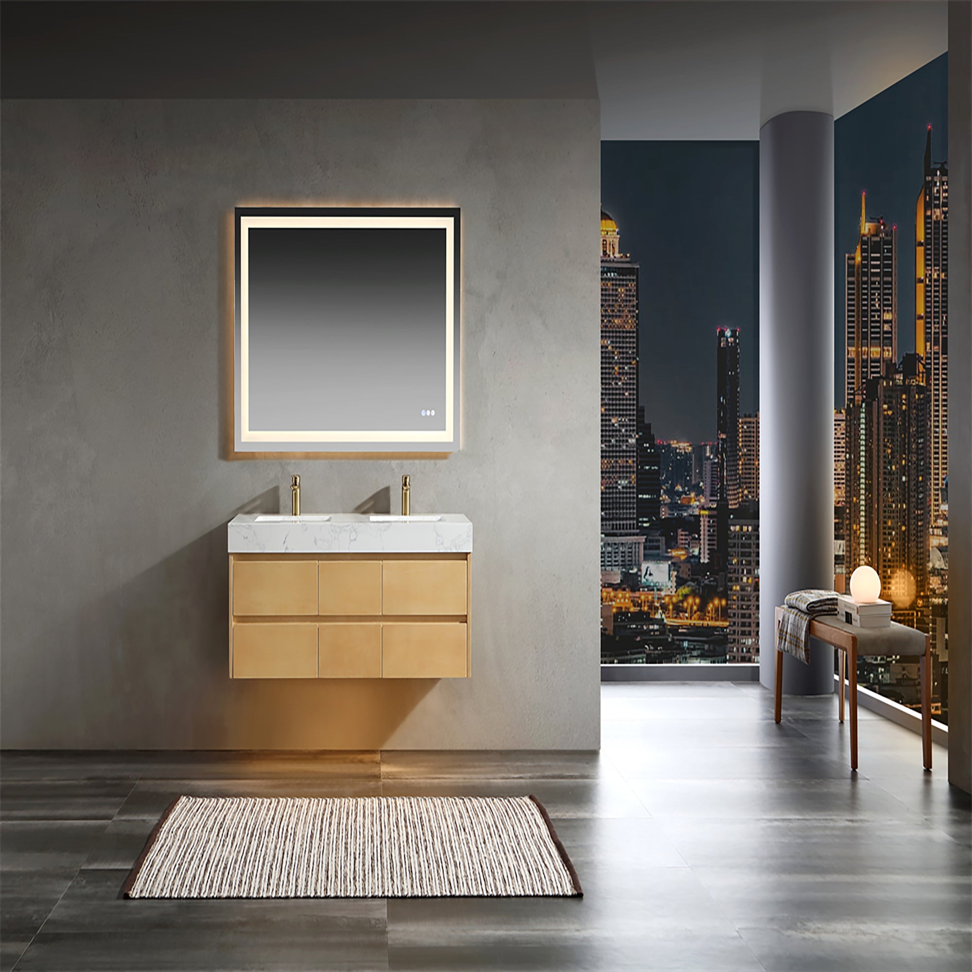 36 Inch Solid Wood Wall-Mounted Bathroom Vanity Set in Maple with Engineered Stone and Ceramic Sink