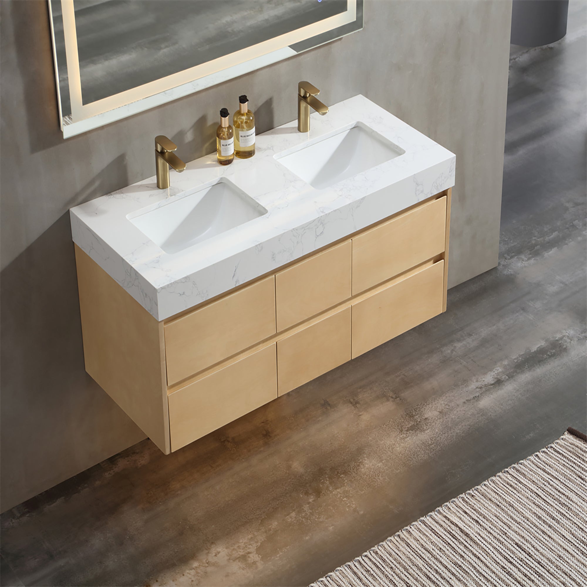 36 Inch Solid Wood Wall-Mounted Bathroom Vanity Set in Maple with Engineered Stone and Ceramic Sink