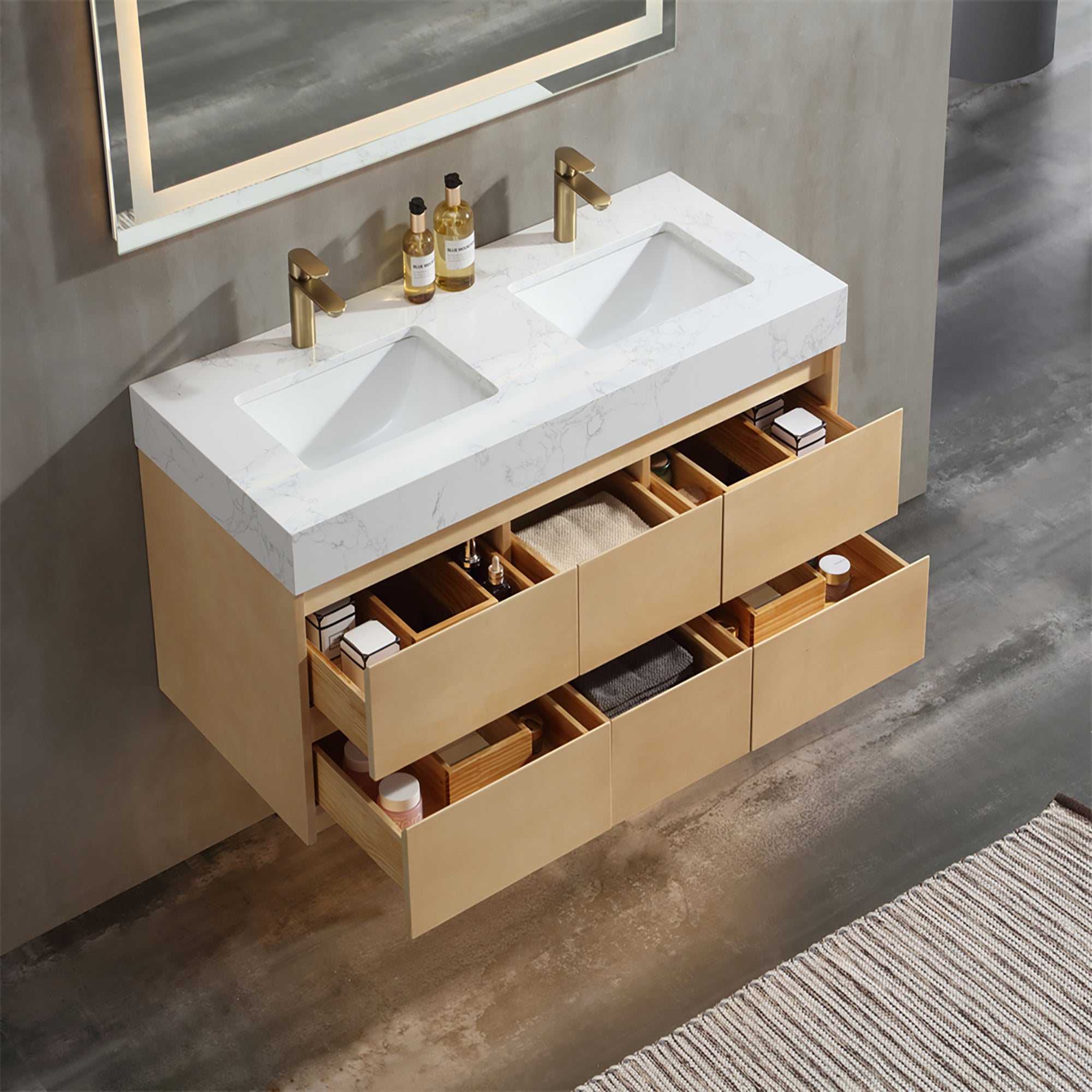 36 Inch Solid Wood Wall-Mounted Bathroom Vanity Set in Maple with Engineered Stone and Ceramic Sink