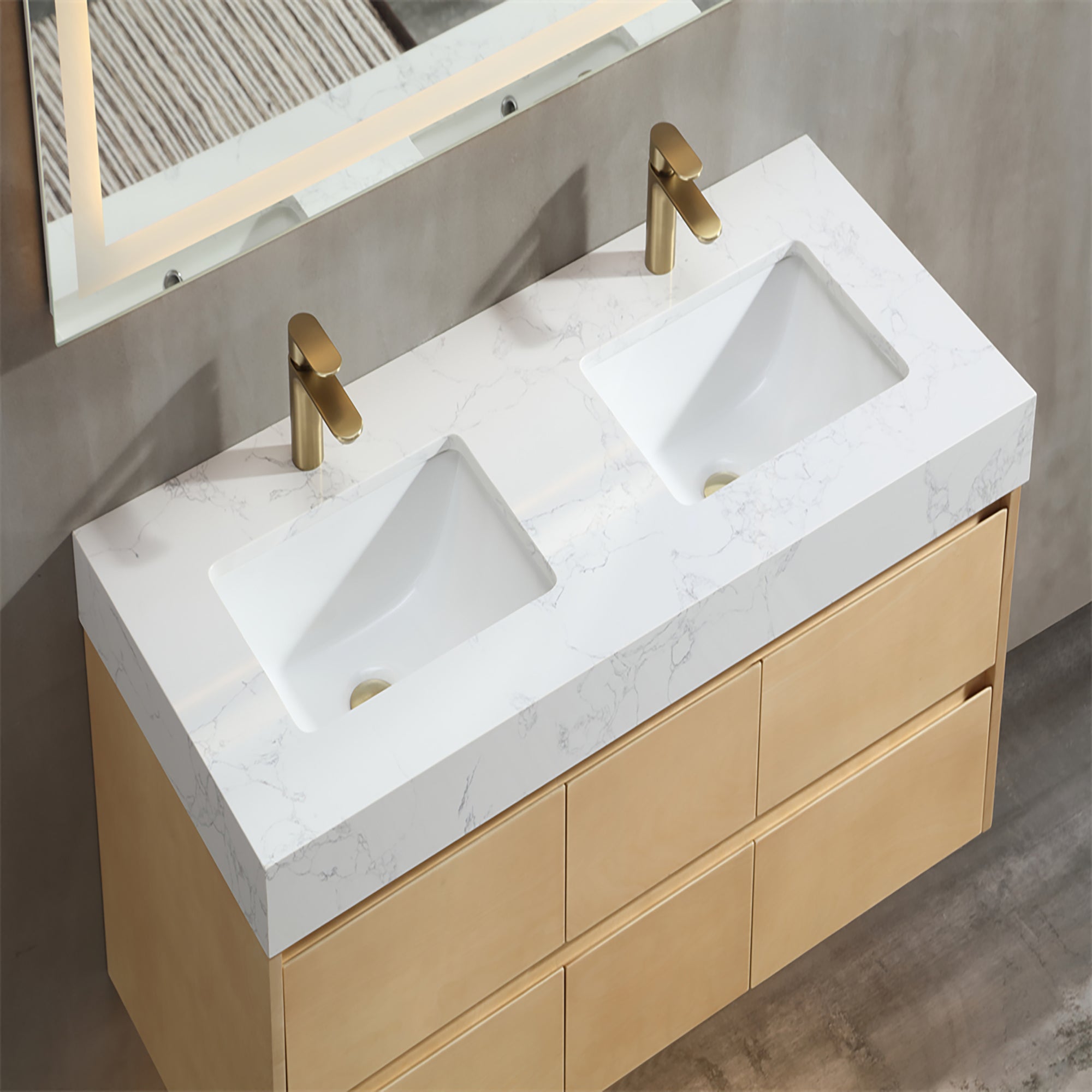 36 Inch Solid Wood Wall-Mounted Bathroom Vanity Set in Maple with Engineered Stone and Ceramic Sink