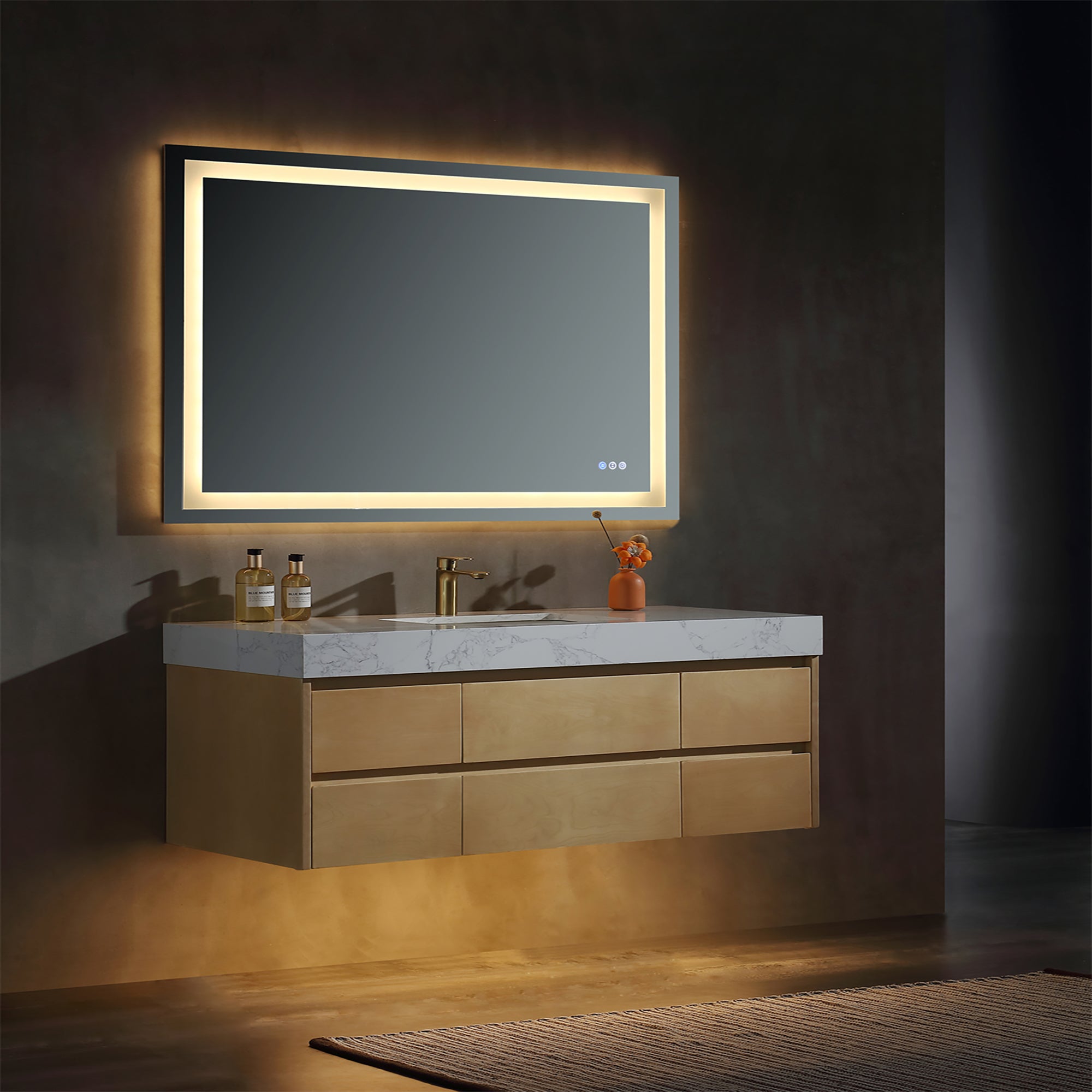 36 Inch Solid Wood Wall-Mounted Bathroom Vanity Set in Maple with Engineered Stone and Ceramic Sink