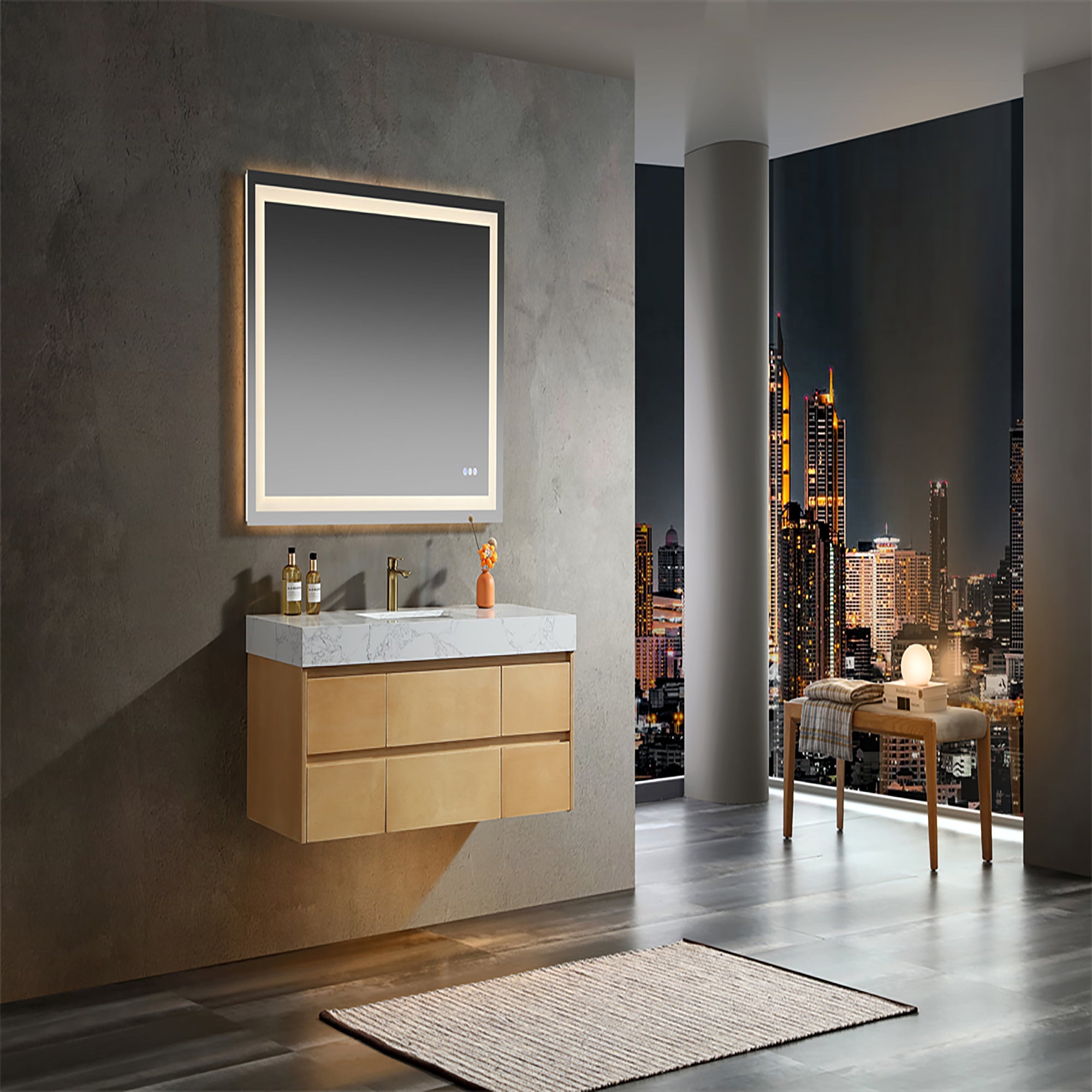 36 Inch Solid Wood Wall-Mounted Bathroom Vanity Set in Maple with Engineered Stone and Ceramic Sink