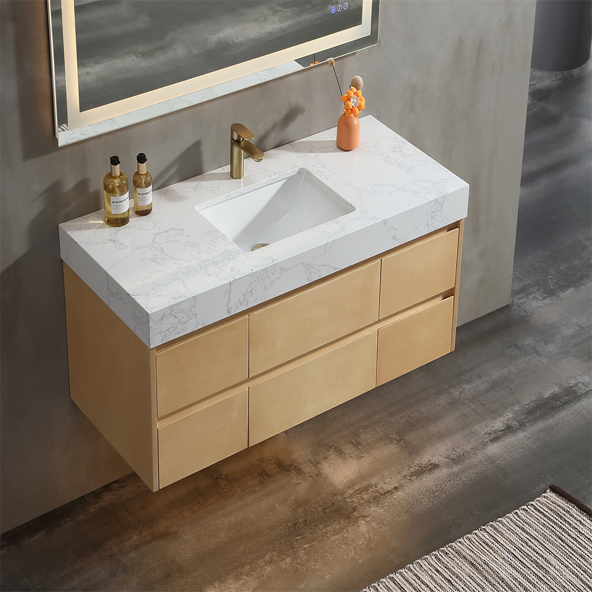 36 Inch Solid Wood Wall-Mounted Bathroom Vanity Set in Maple with Engineered Stone and Ceramic Sink