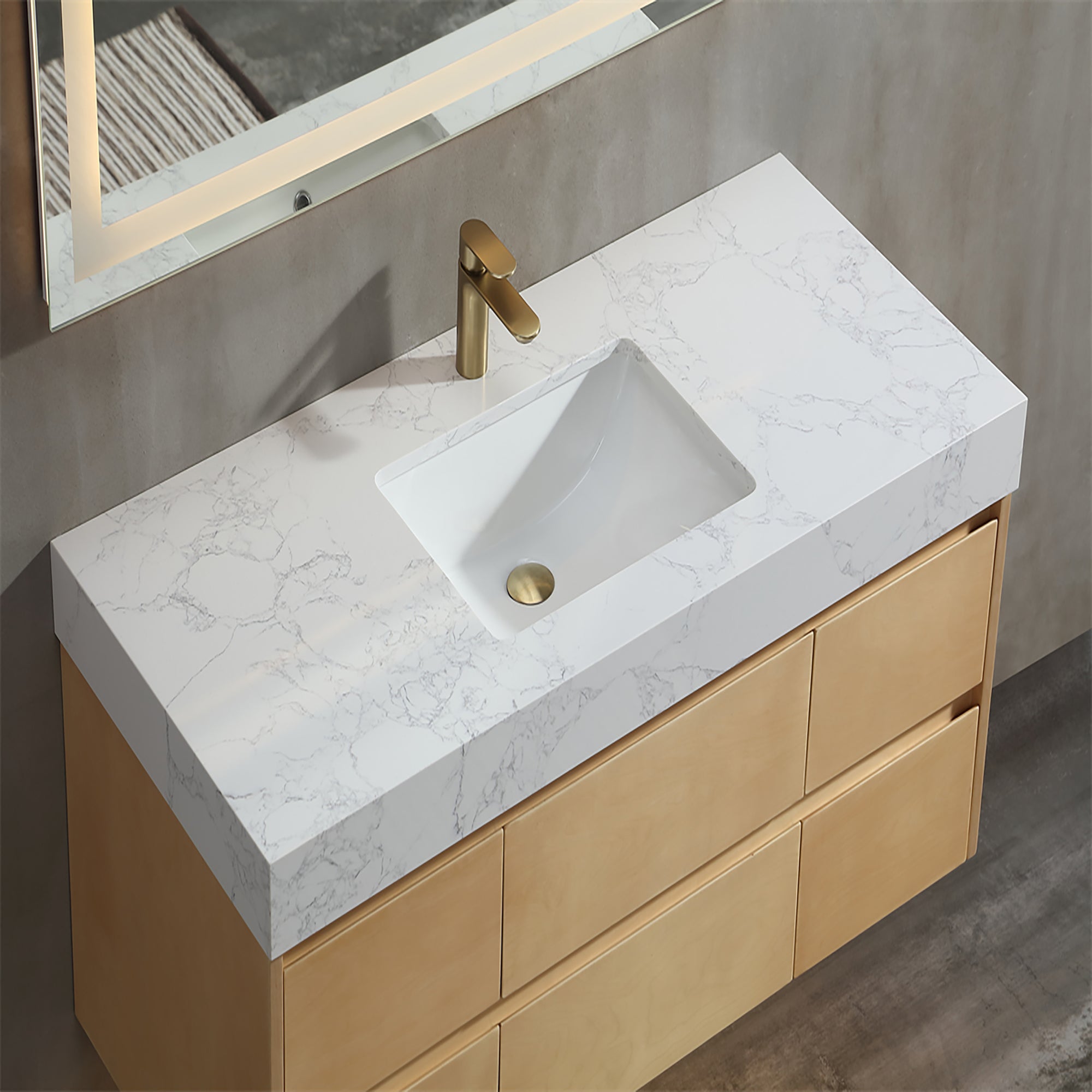 36 Inch Solid Wood Wall-Mounted Bathroom Vanity Set in Maple with Engineered Stone and Ceramic Sink