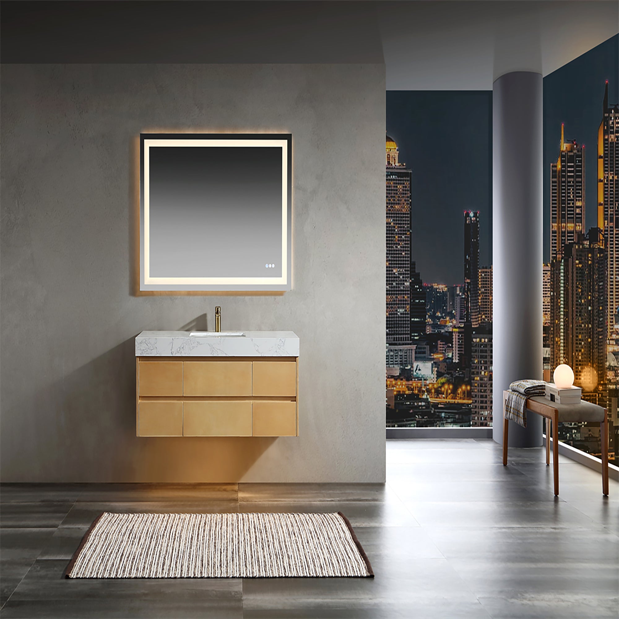 36 Inch Solid Wood Wall-Mounted Bathroom Vanity Set in Maple with Engineered Stone and Ceramic Sink