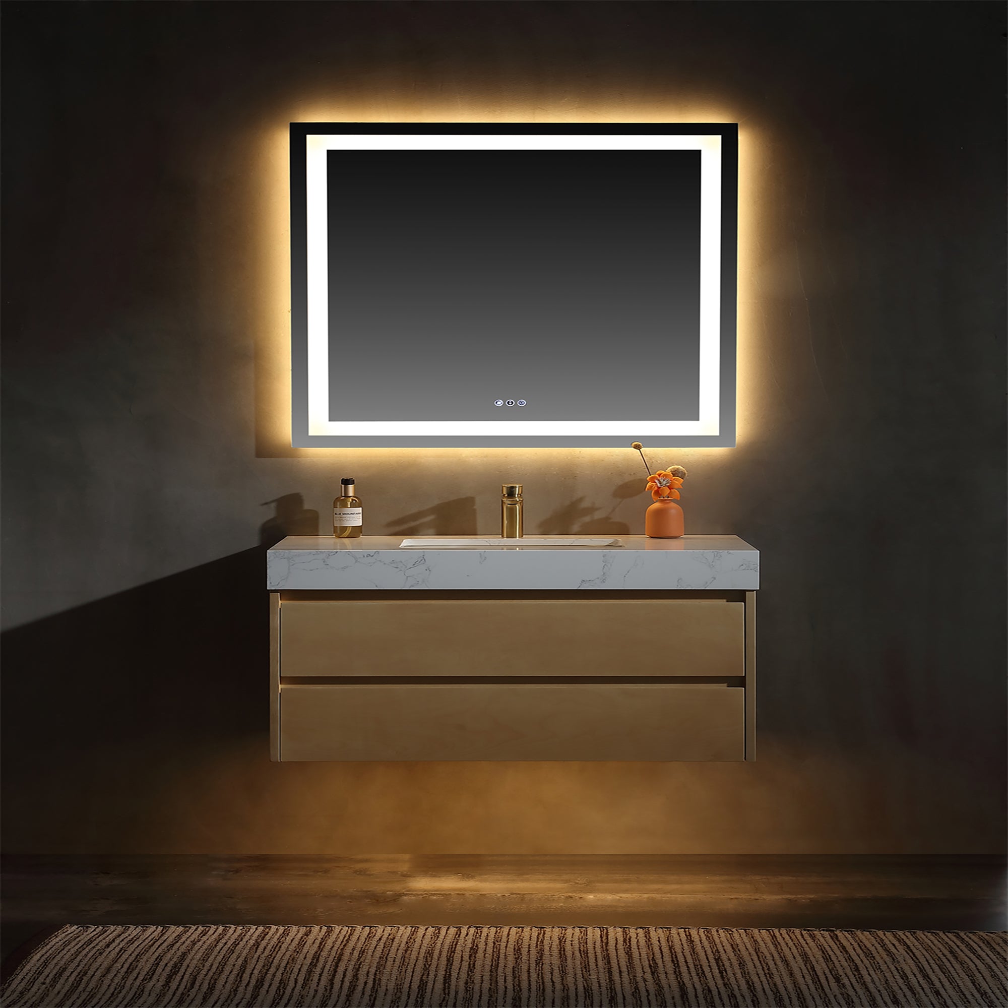 36 Inch Solid Wood Wall-Mounted Bathroom Vanity Set in Maple with Engineered Stone and Ceramic Sink