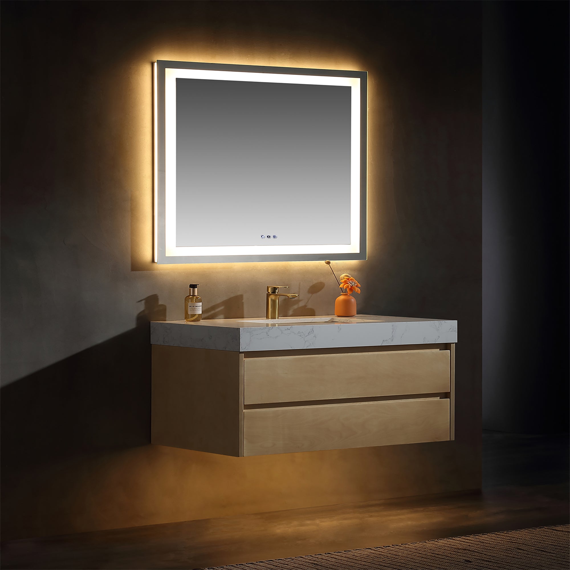 36 Inch Solid Wood Wall-Mounted Bathroom Vanity Set in Maple with Engineered Stone and Ceramic Sink