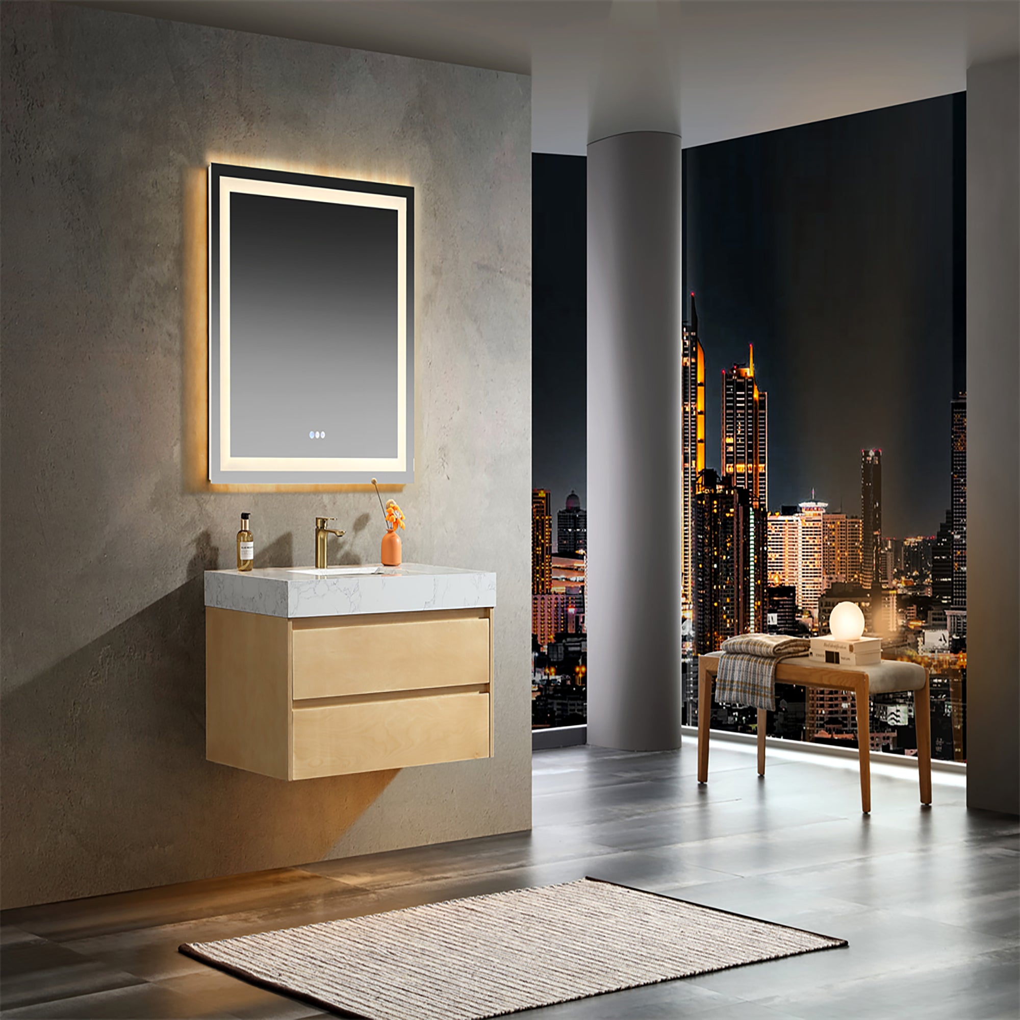 36 Inch Solid Wood Wall-Mounted Bathroom Vanity Set in Maple with Engineered Stone and Ceramic Sink