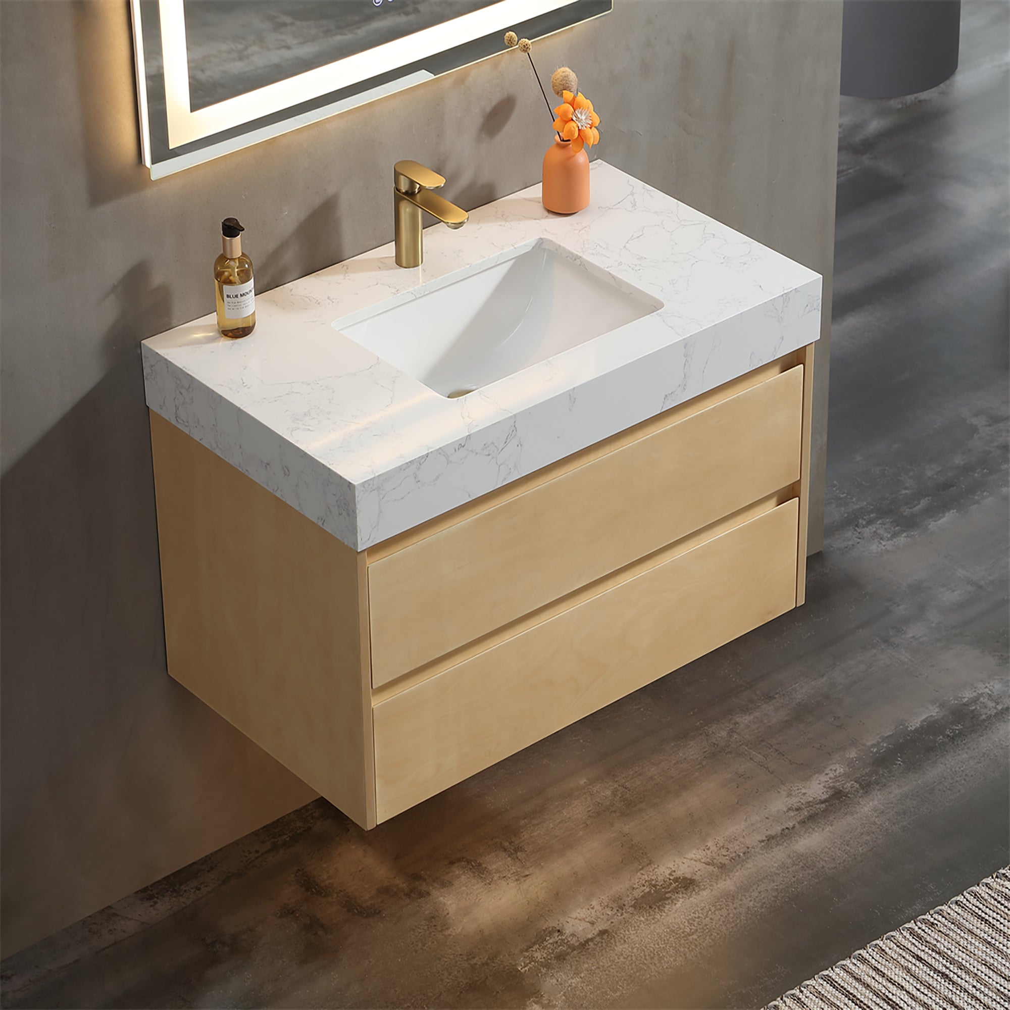 36 Inch Solid Wood Wall-Mounted Bathroom Vanity Set in Maple with Engineered Stone and Ceramic Sink