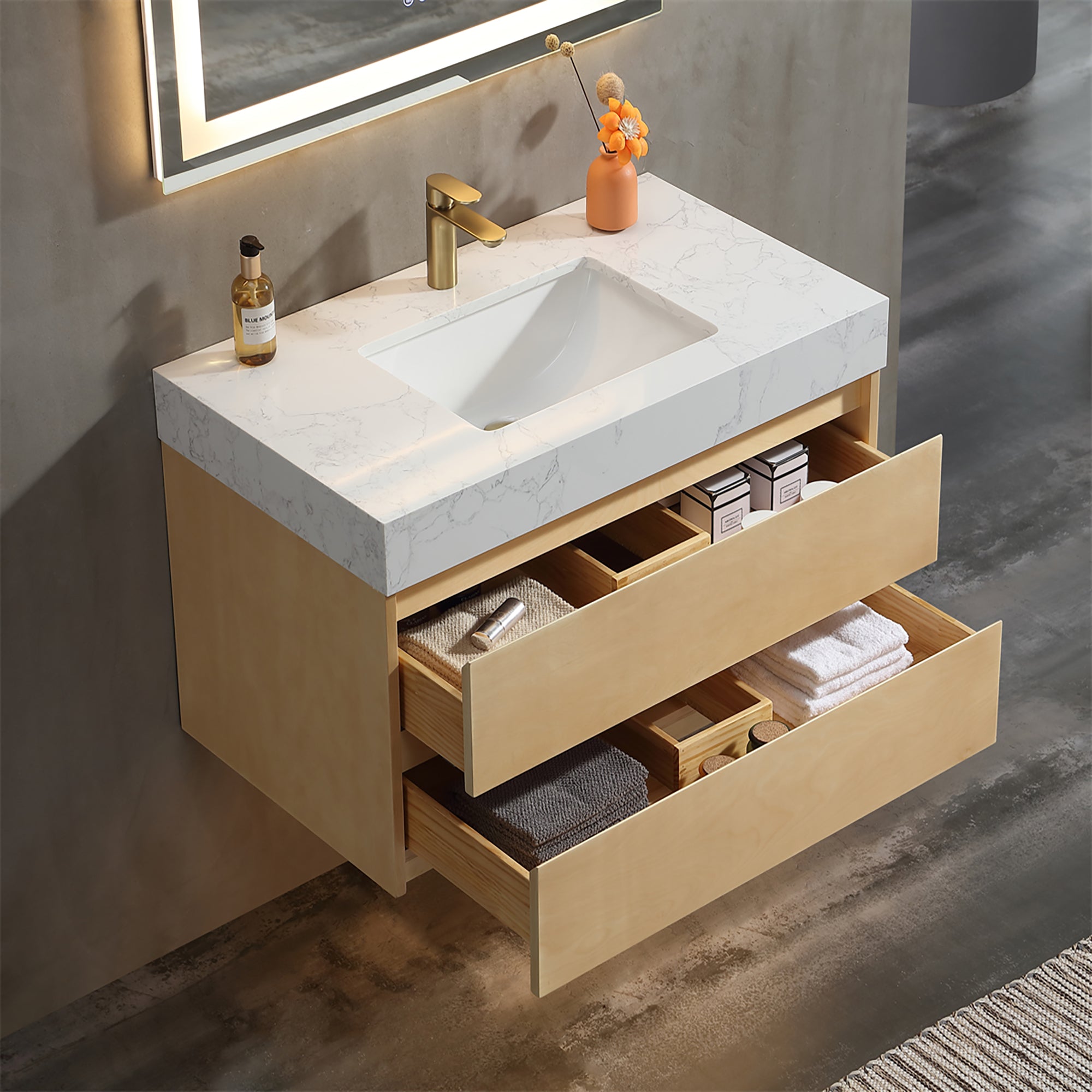 36 Inch Solid Wood Wall-Mounted Bathroom Vanity Set in Maple with Engineered Stone and Ceramic Sink