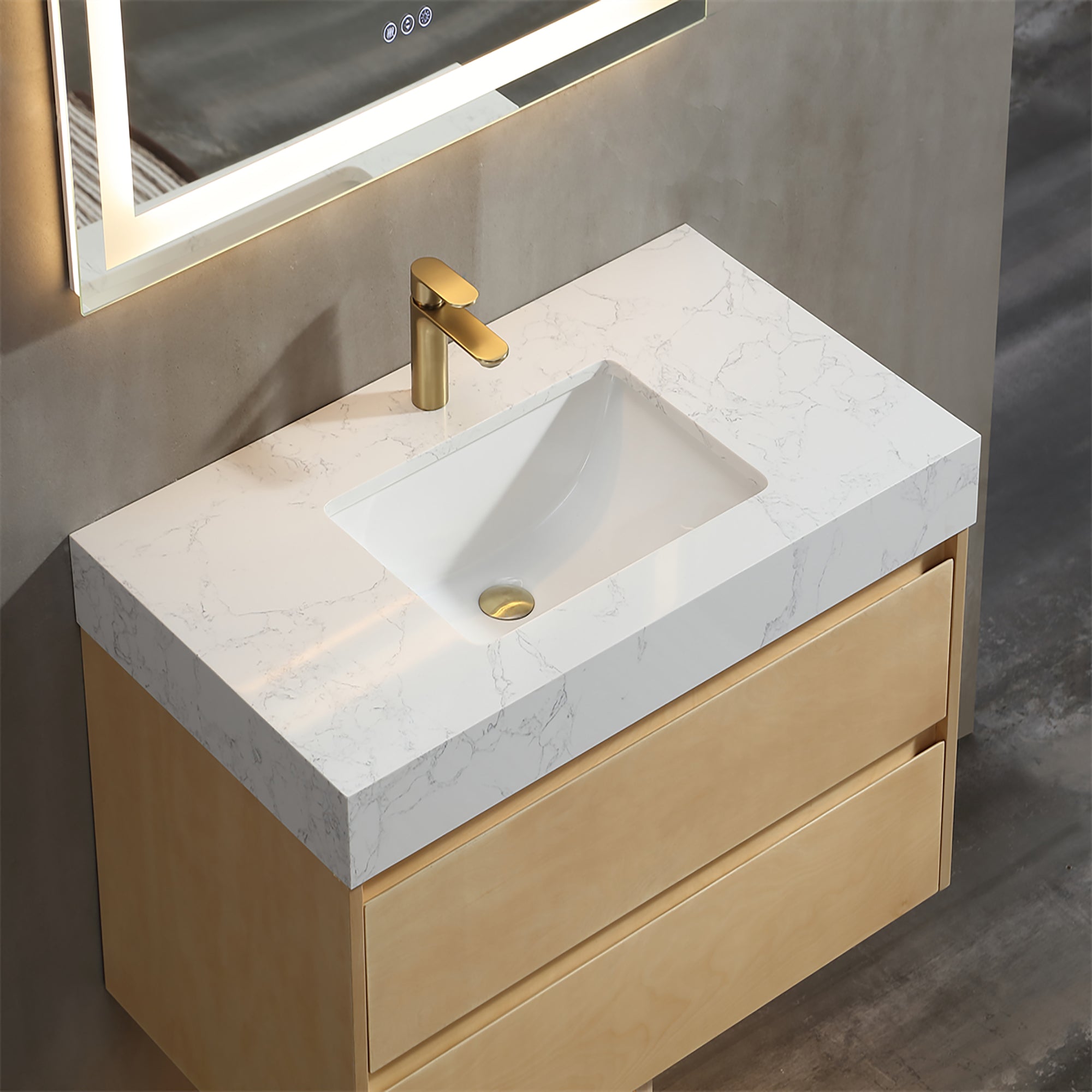 36 Inch Solid Wood Wall-Mounted Bathroom Vanity Set in Maple with Engineered Stone and Ceramic Sink
