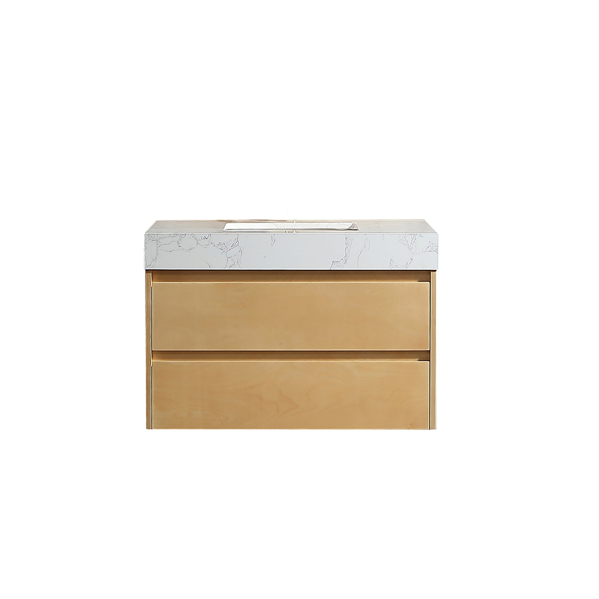 36 Inch Solid Wood Wall-Mounted Bathroom Vanity Set in Maple with Engineered Stone and Ceramic Sink