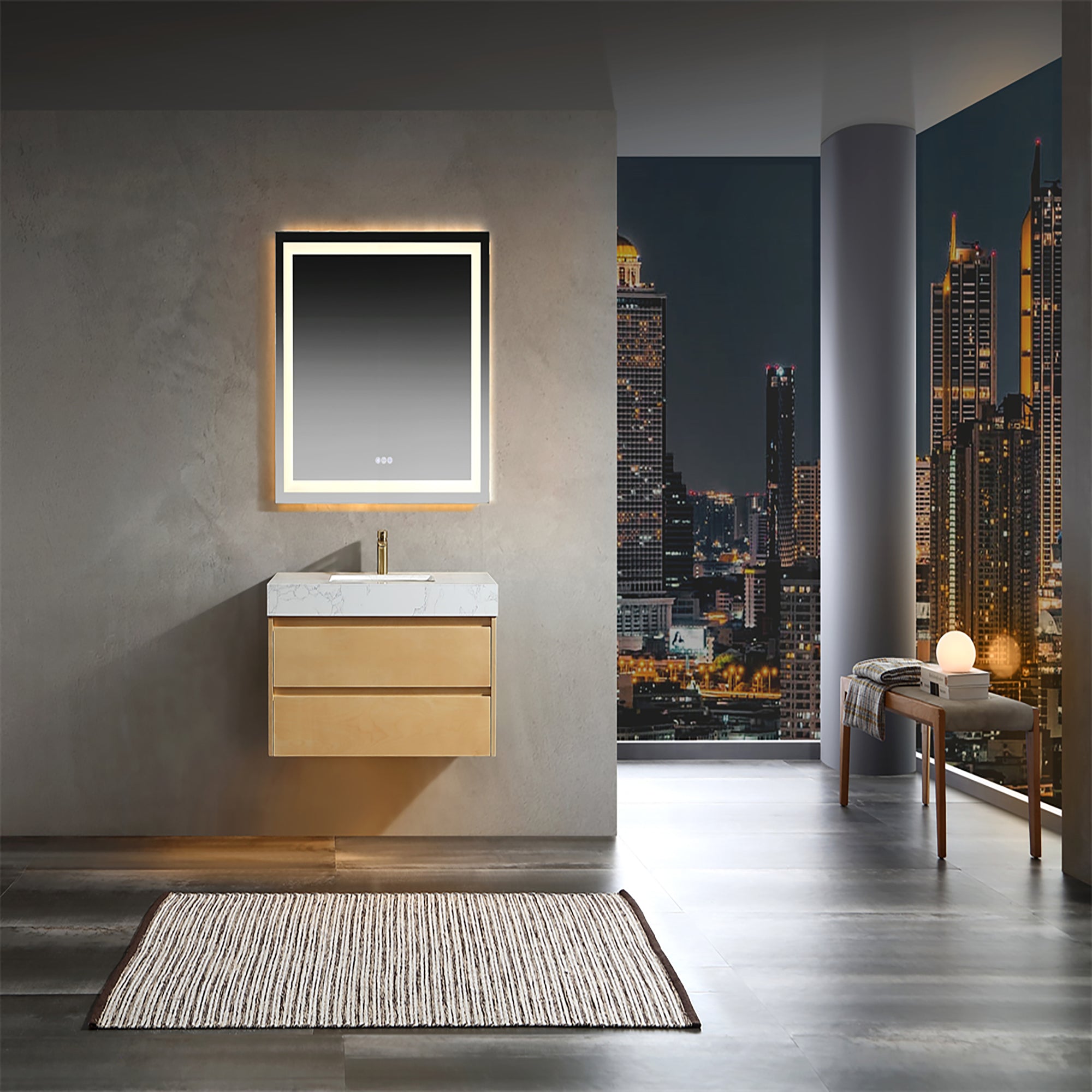 36 Inch Solid Wood Wall-Mounted Bathroom Vanity Set in Maple with Engineered Stone and Ceramic Sink