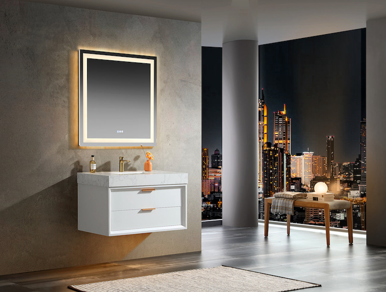 36 Inch Solid Wood Frame Wall-Mounted Bathroom Vanity Set with Ceramic Basin