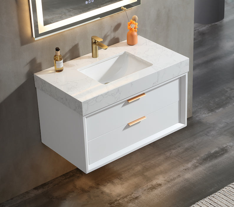 36 Inch Solid Wood Frame Wall-Mounted Bathroom Vanity Set with Ceramic Basin