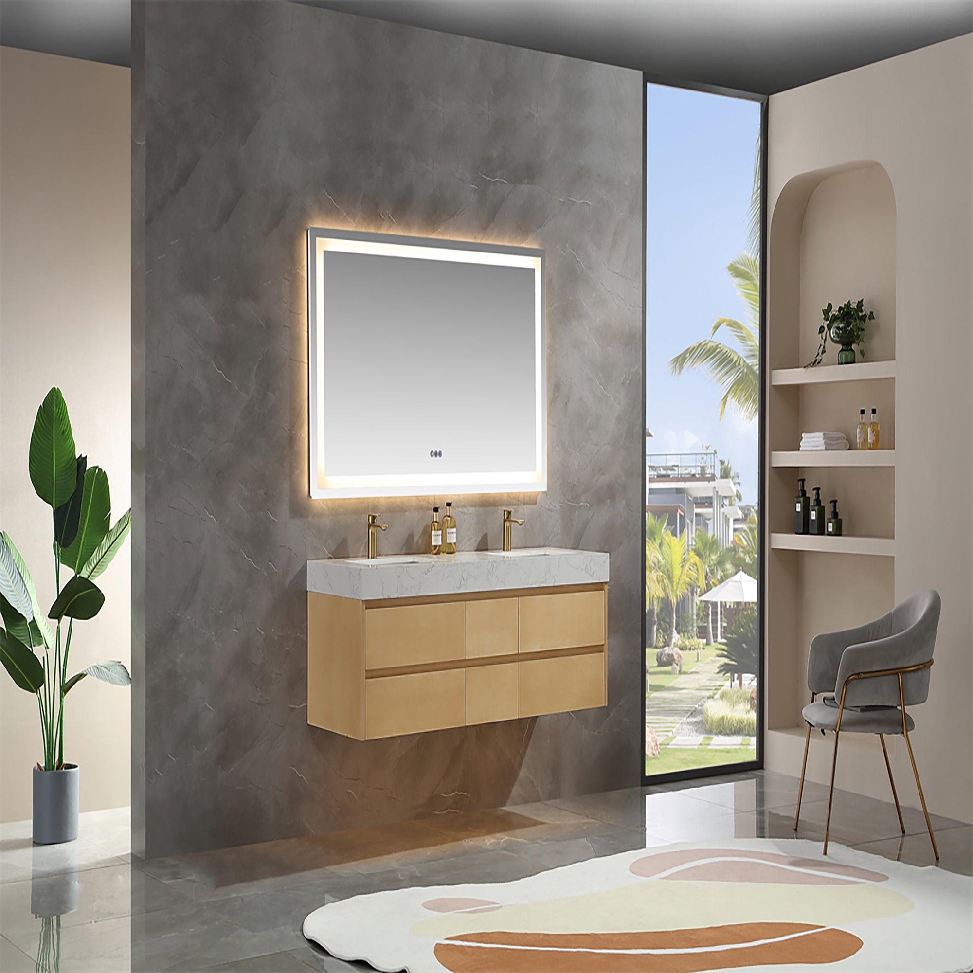 36 Inch Solid Wood Wall-Mounted Bathroom Vanity Set in Maple with Engineered Stone and Ceramic Sink
