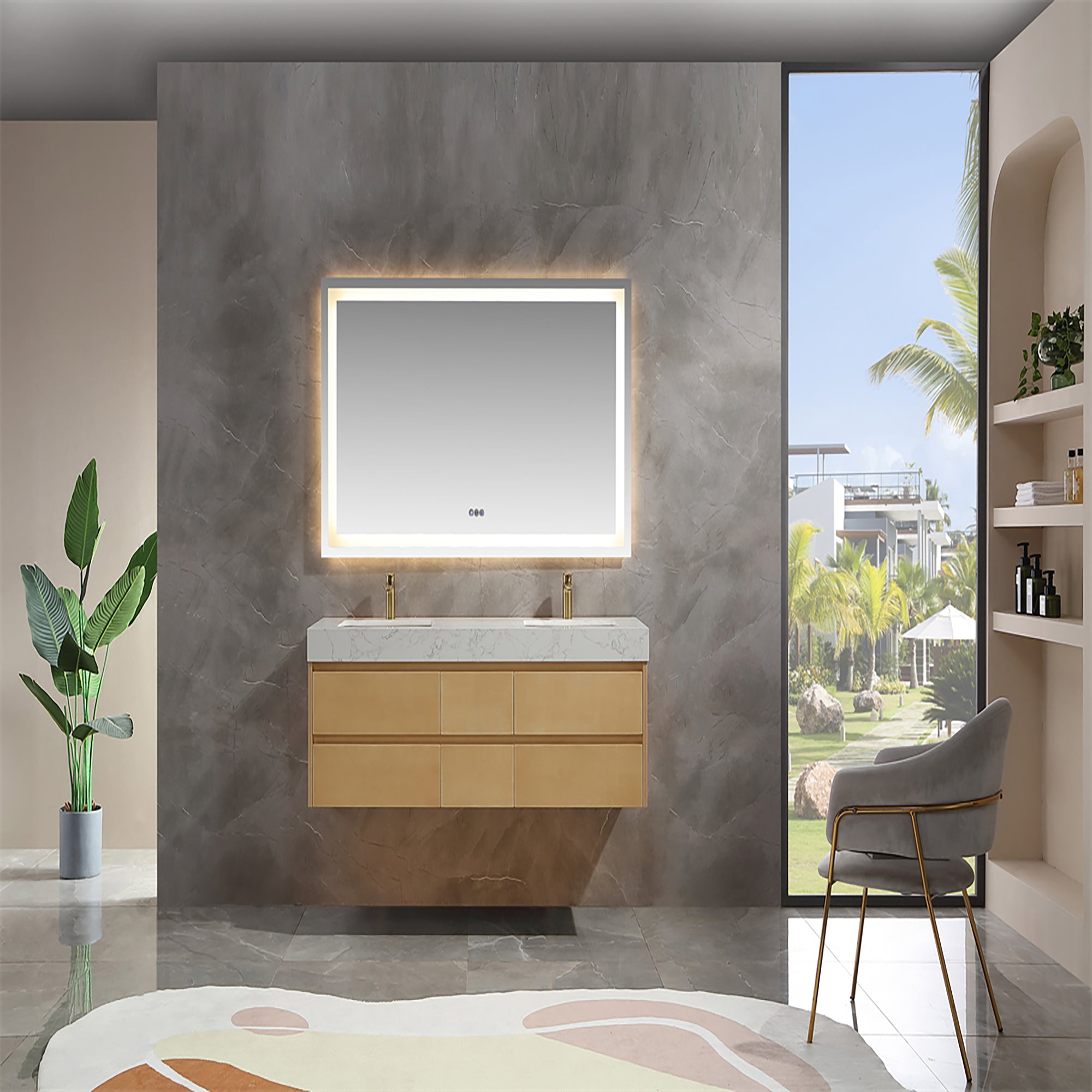 36 Inch Solid Wood Wall-Mounted Bathroom Vanity Set in Maple with Engineered Stone and Ceramic Sink