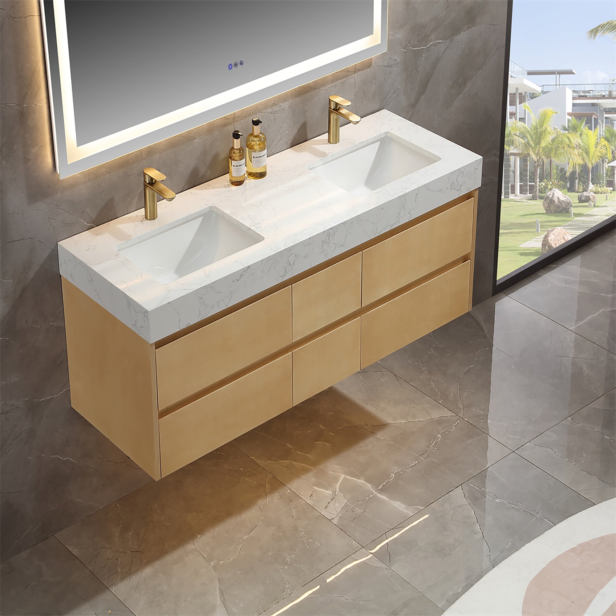 36 Inch Solid Wood Wall-Mounted Bathroom Vanity Set in Maple with Engineered Stone and Ceramic Sink