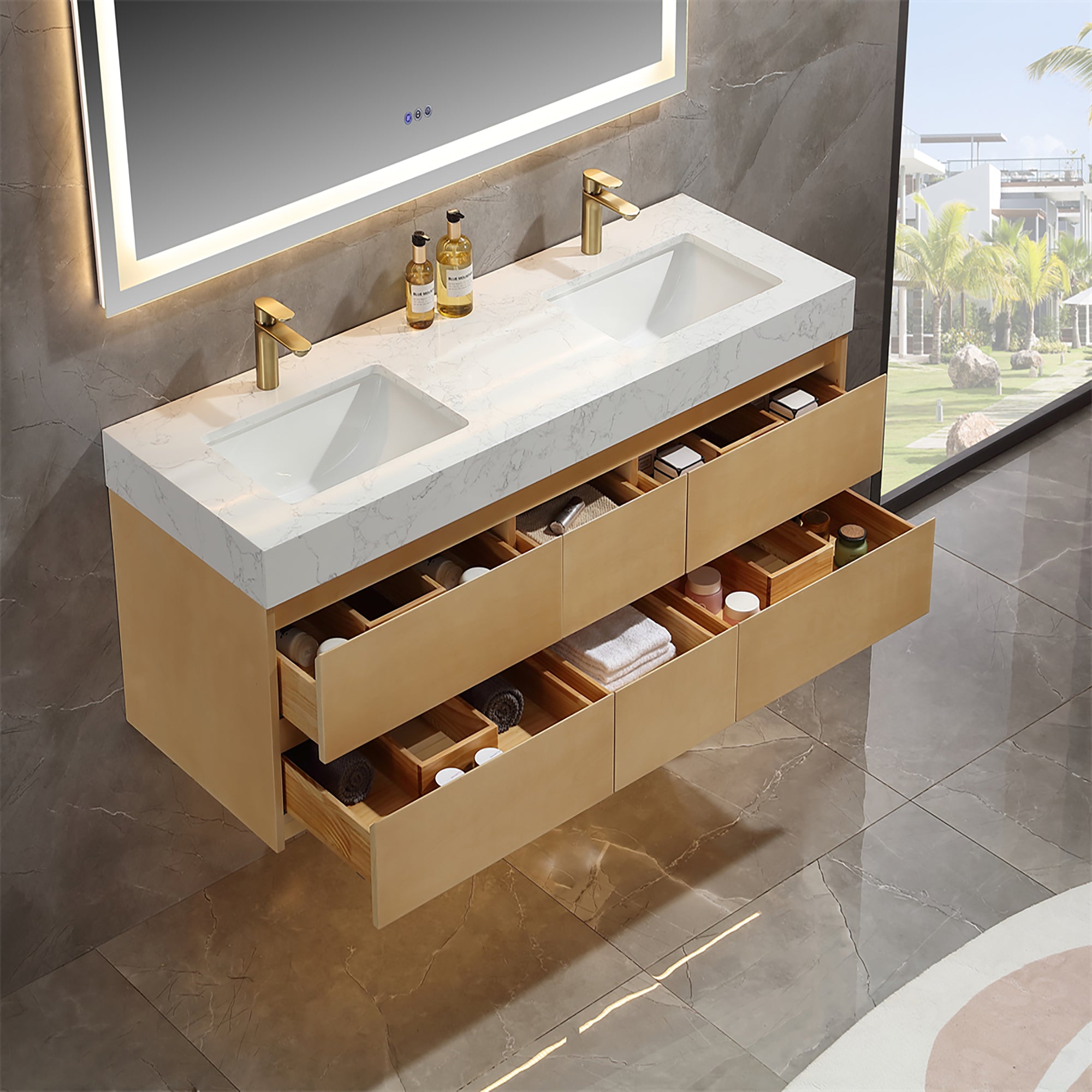 36 Inch Solid Wood Wall-Mounted Bathroom Vanity Set in Maple with Engineered Stone and Ceramic Sink