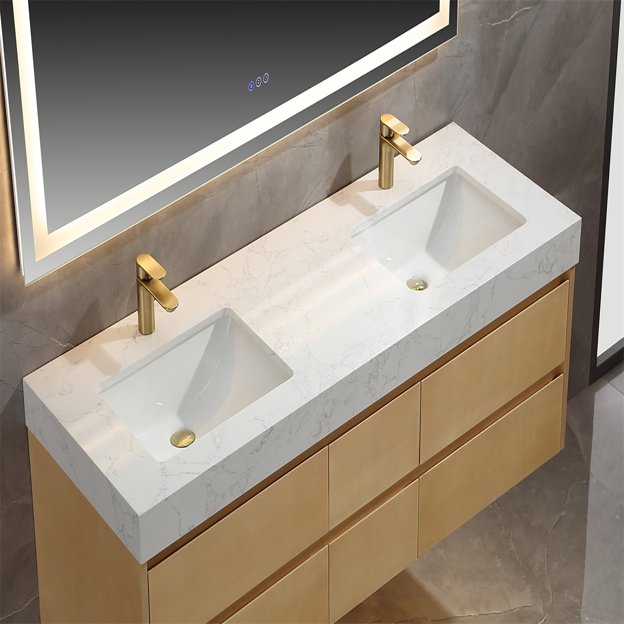 36 Inch Solid Wood Wall-Mounted Bathroom Vanity Set in Maple with Engineered Stone and Ceramic Sink