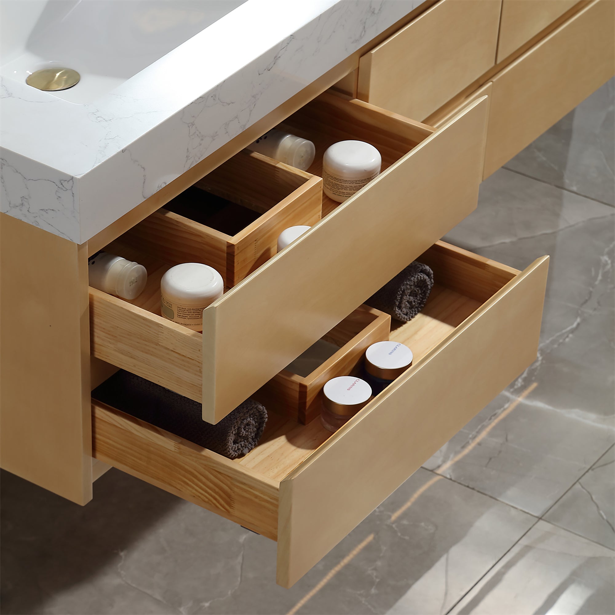 36 Inch Solid Wood Wall-Mounted Bathroom Vanity Set in Maple with Engineered Stone and Ceramic Sink
